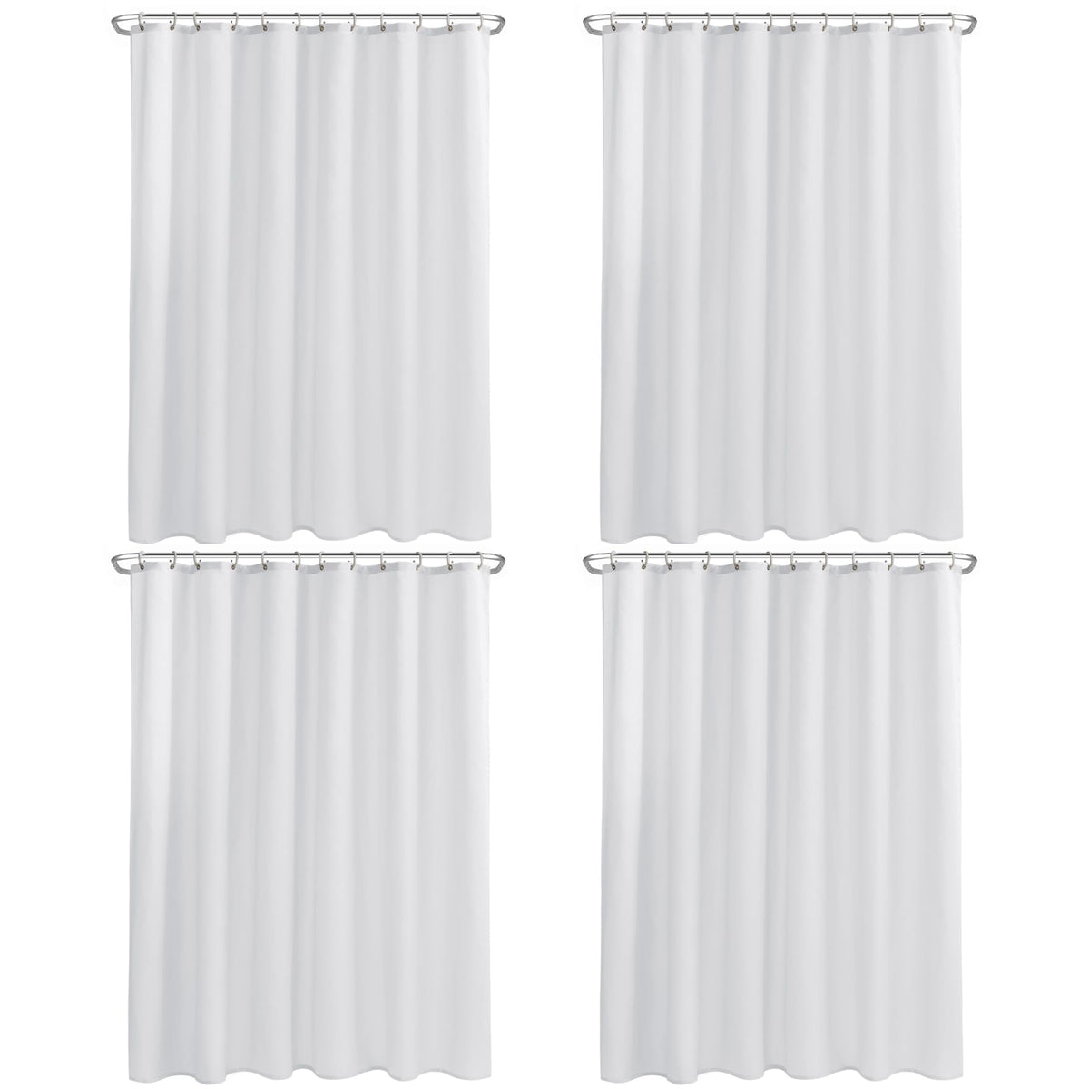 Nasitos front view of two white fabric shower liners, shows included magnets and benefits