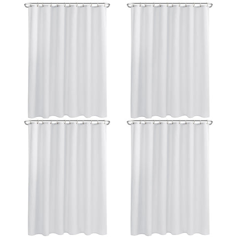 Nasitos front view of two white fabric shower liners, shows included magnets and benefits