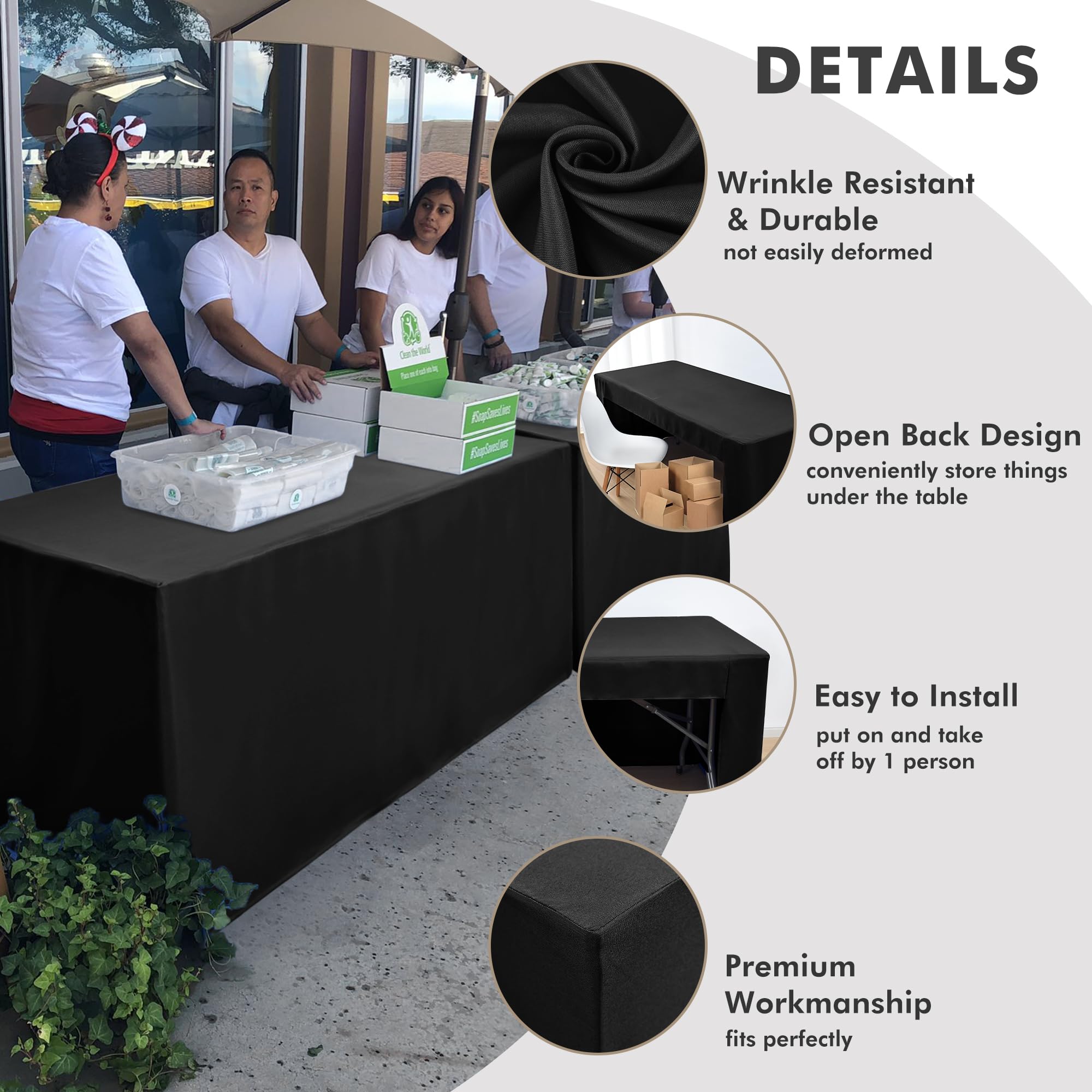 Nasitos side profile showing fitted drape concealing table legs and clutter