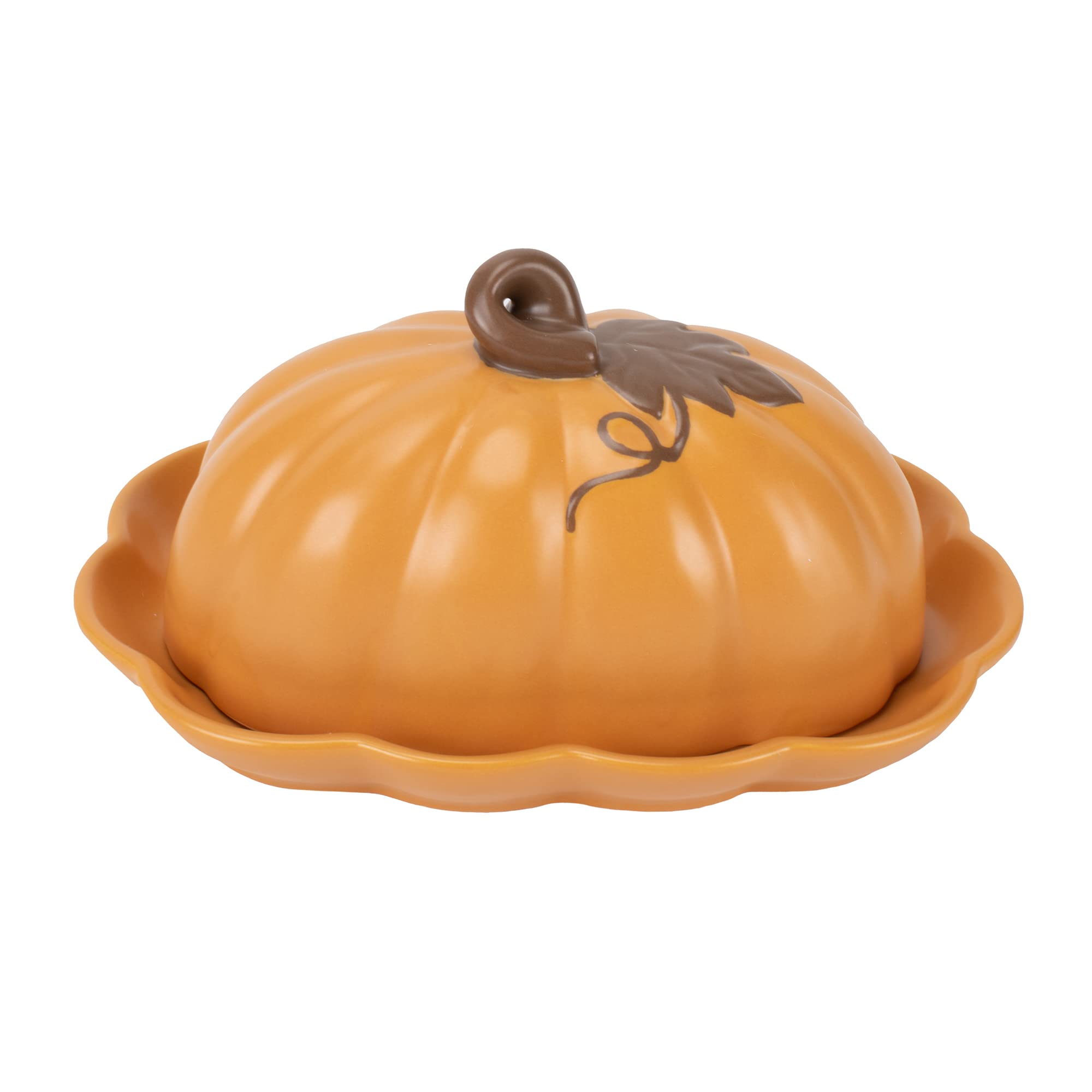 Nat & Jules front view of pumpkin butter dish showing festive orange glaze benefit: seasonal table focal point