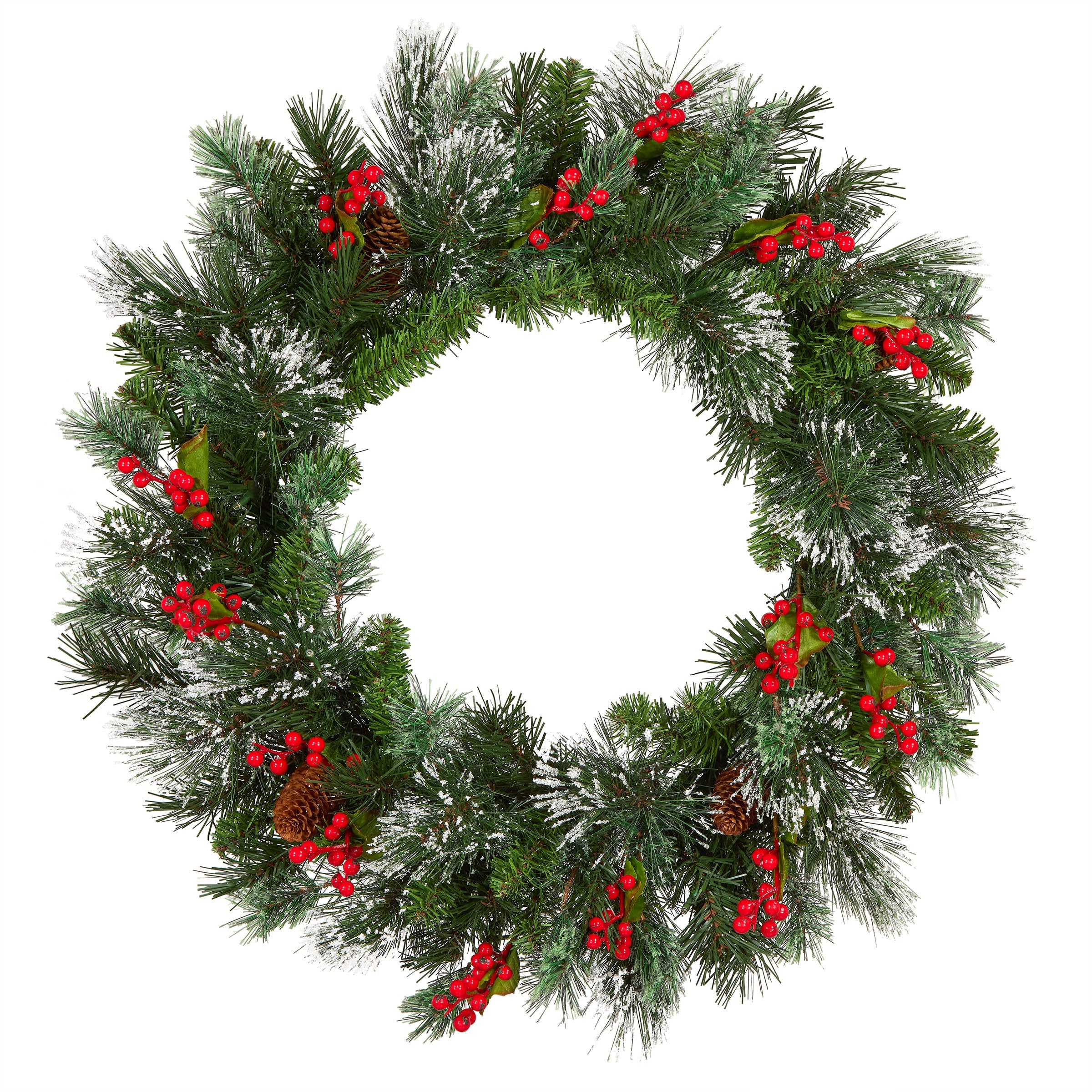 National Tree Company front view of 24in wintry pine wreath showing full shape and lights