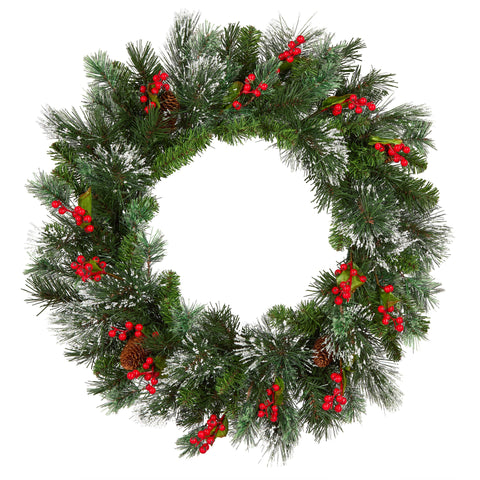 National Tree Company front view of 24in wintry pine wreath showing full shape and lights