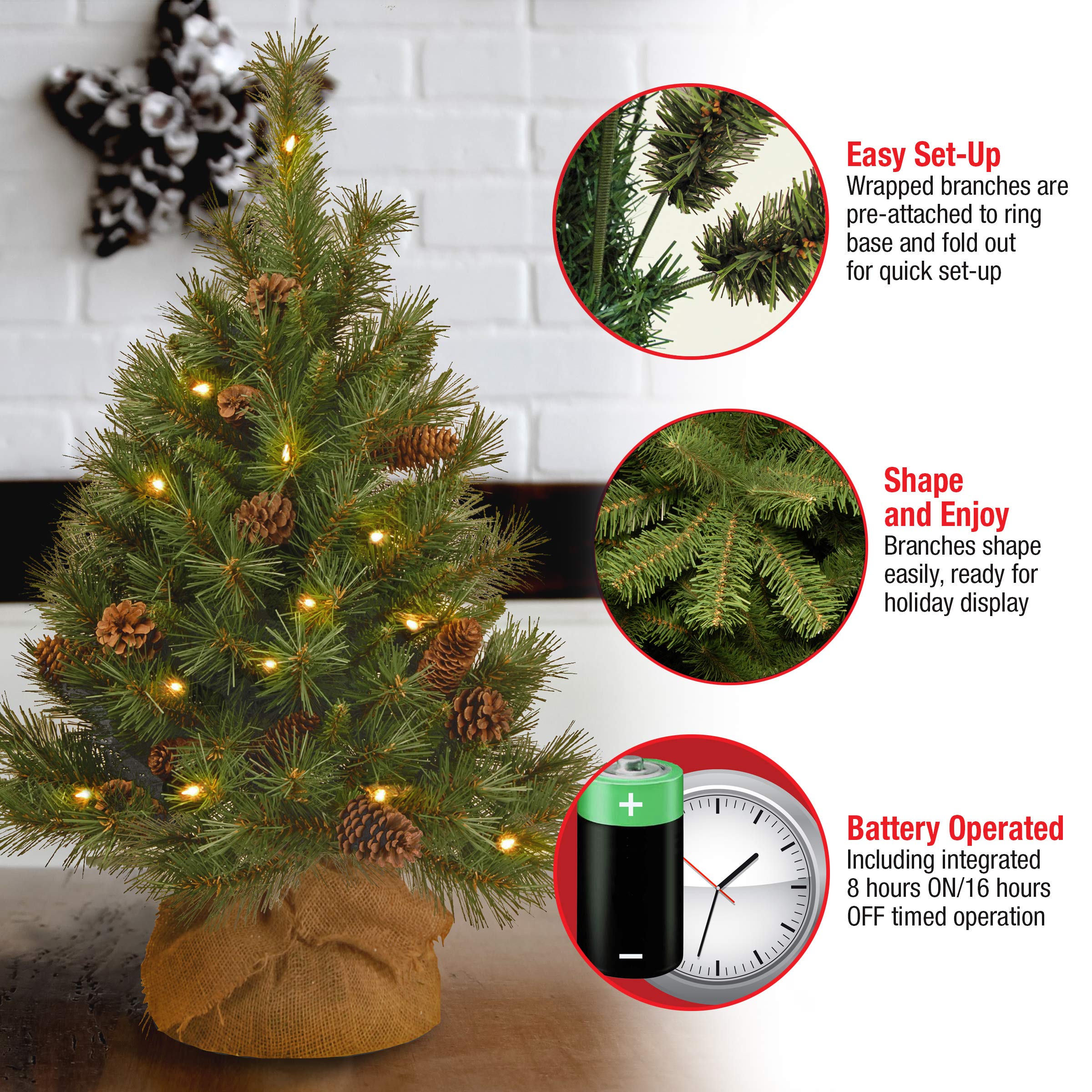 National Tree Company base and battery box showing sturdy stand and easy battery-powered lights benefit
