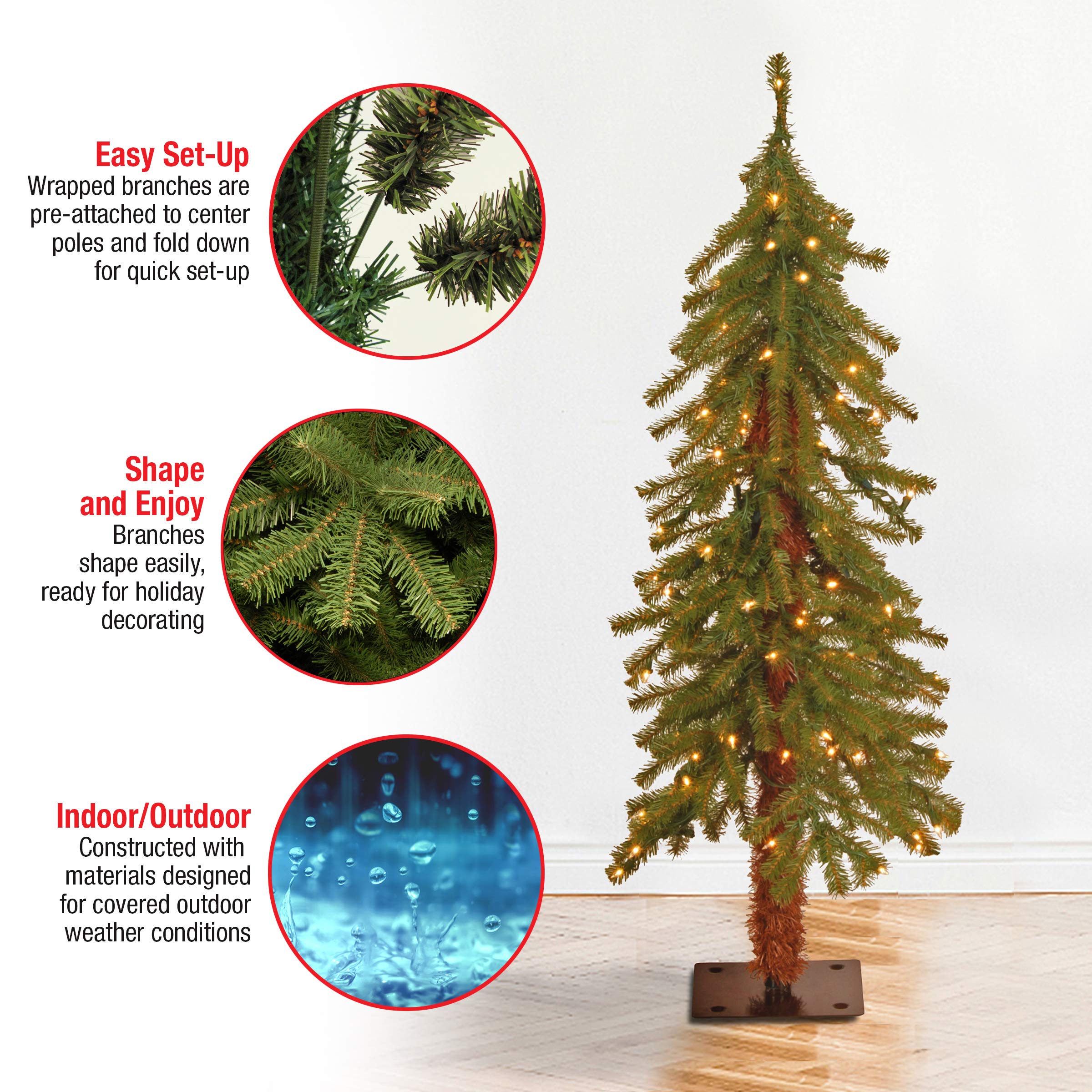National Tree Company tree beside gift boxes shows size scale and space-saving benefit