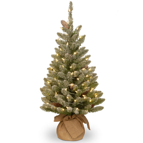 National Tree Company front view of 3ft pre-lit flocked tree showing full shape and burlap base for instant decor