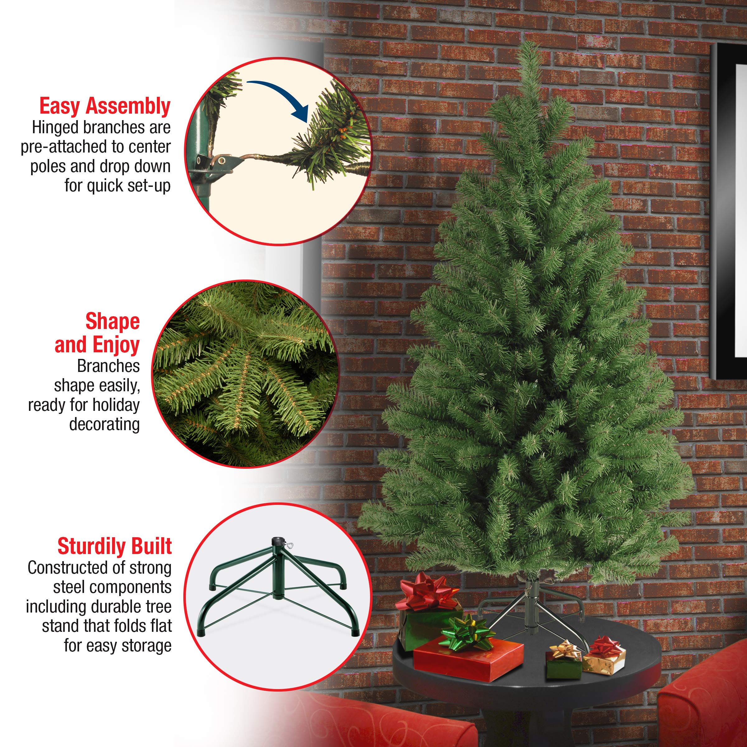 National Tree Company metal base and folded branches showing stable support and easy storage benefit