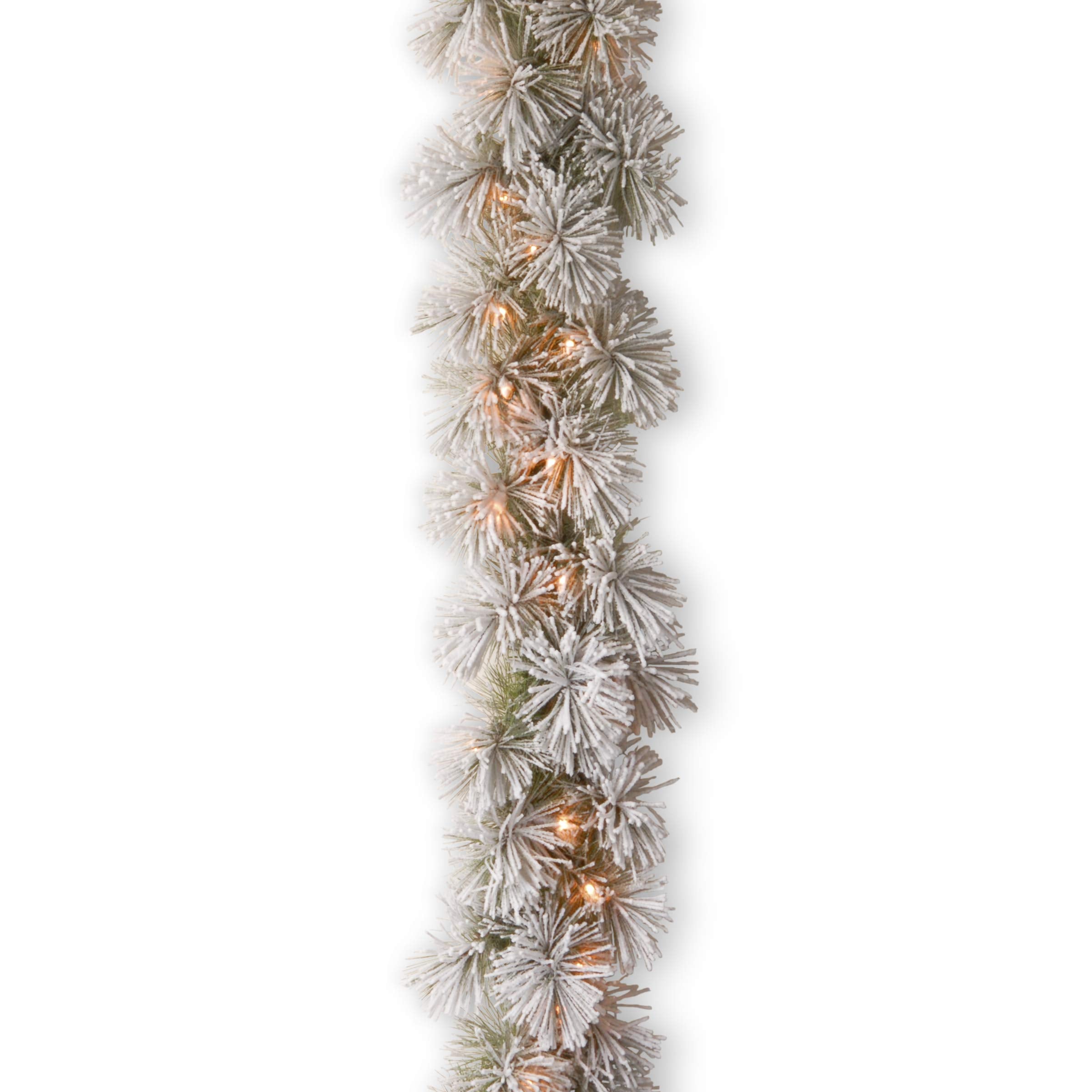 National Tree Company 9ft garland front view showing full snowy volume and bright lights