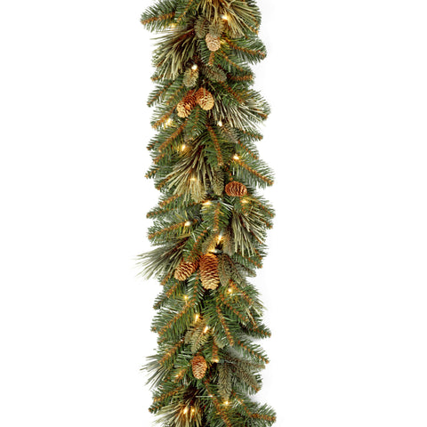 National Tree Company garland front view showing full 9ft length and lights enhancing decor