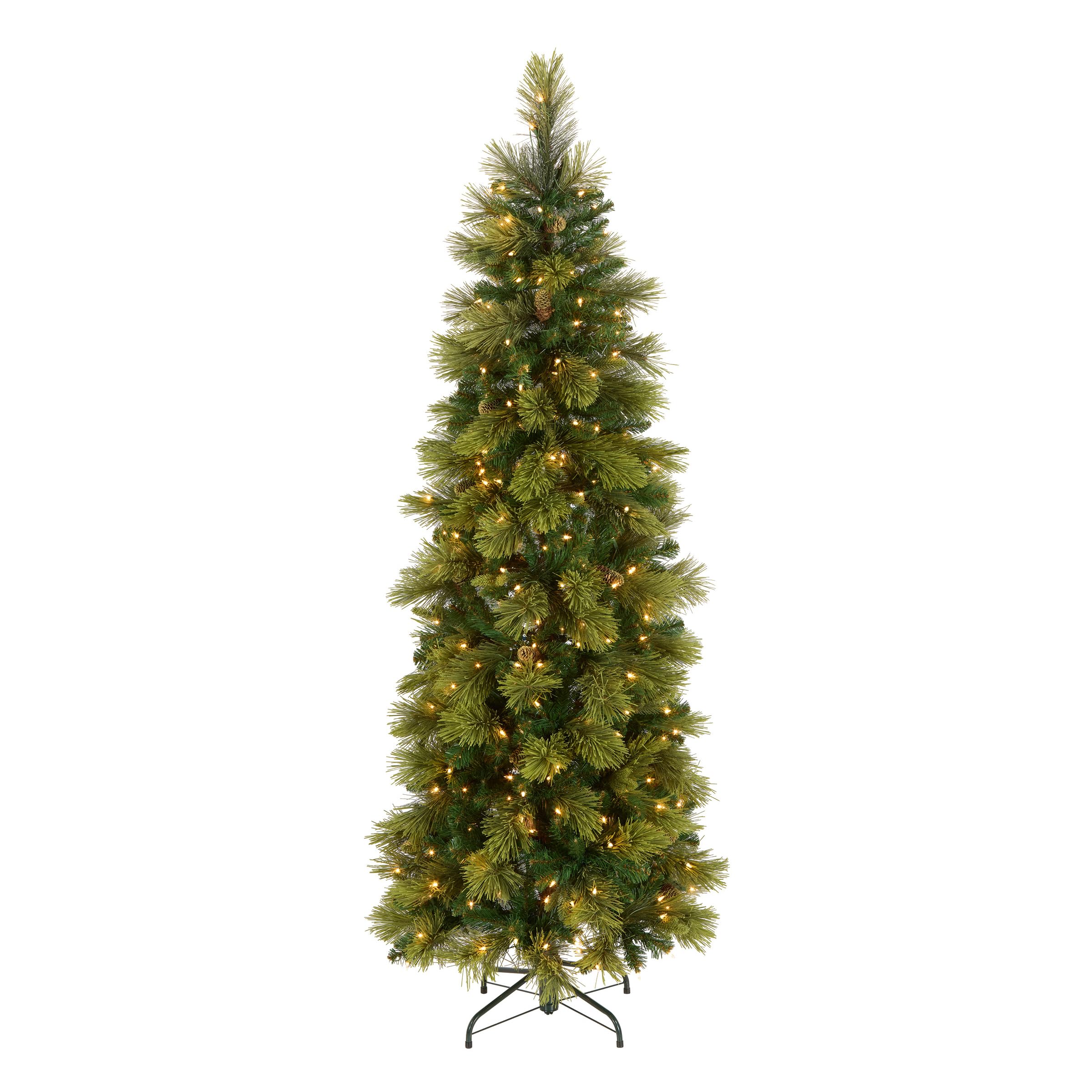 National Tree Company front view of 6.5ft Carolina Pine slim tree showing space-saving profile and natural look