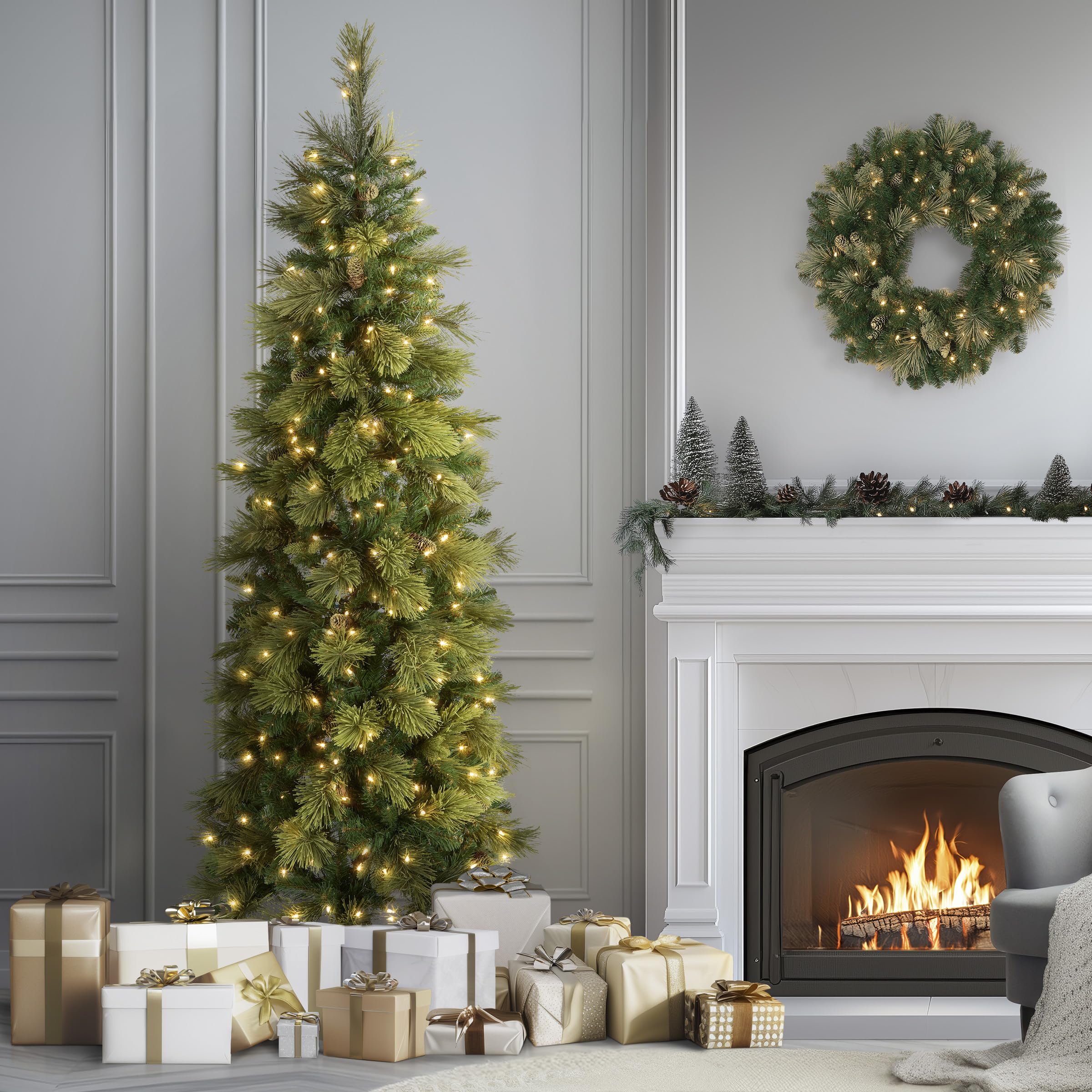 National Tree Company slim tree glowing with pre-lit white lights creating cozy evening ambiance