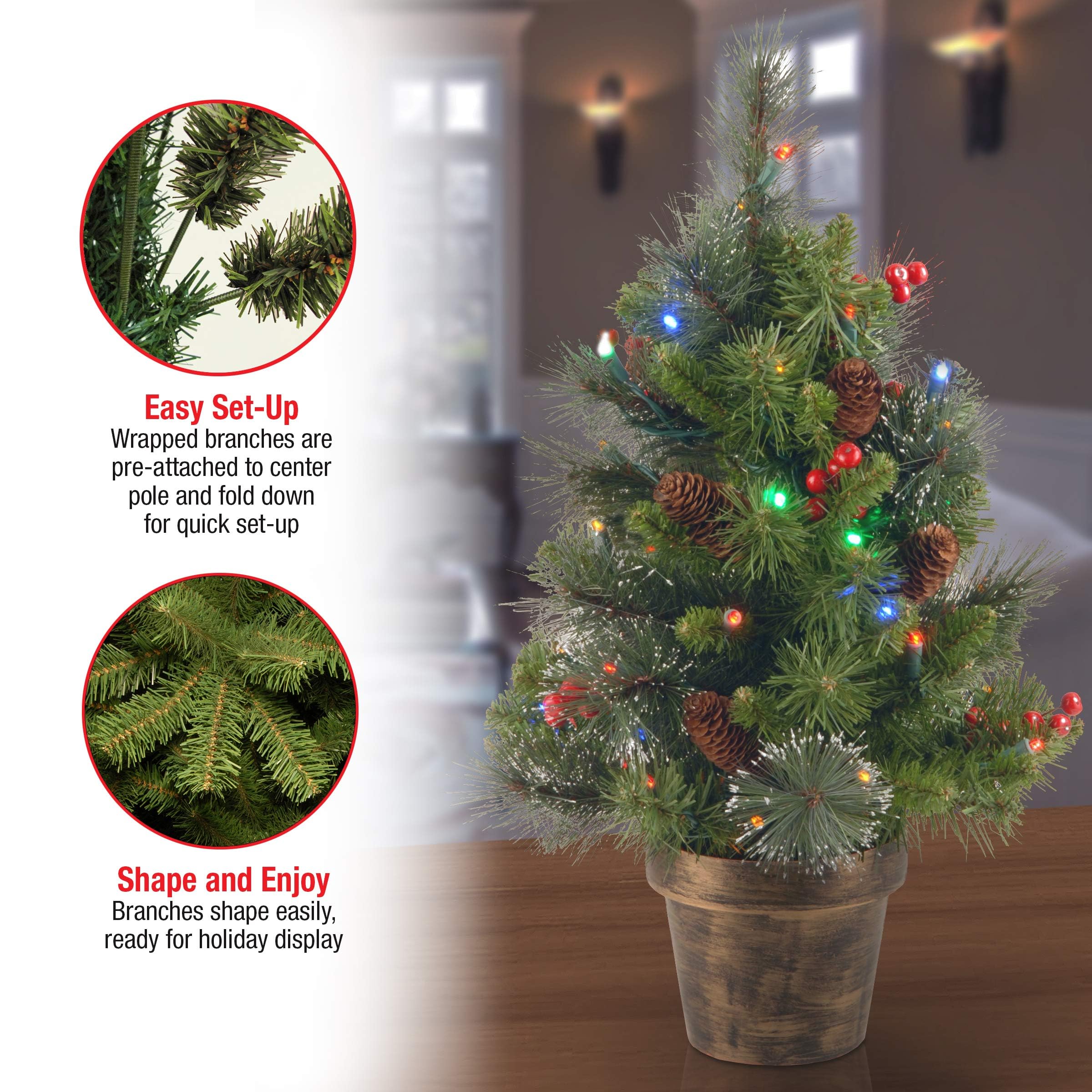 National Tree Company Crestwood Spruce metal base and product label for stable setup benefit