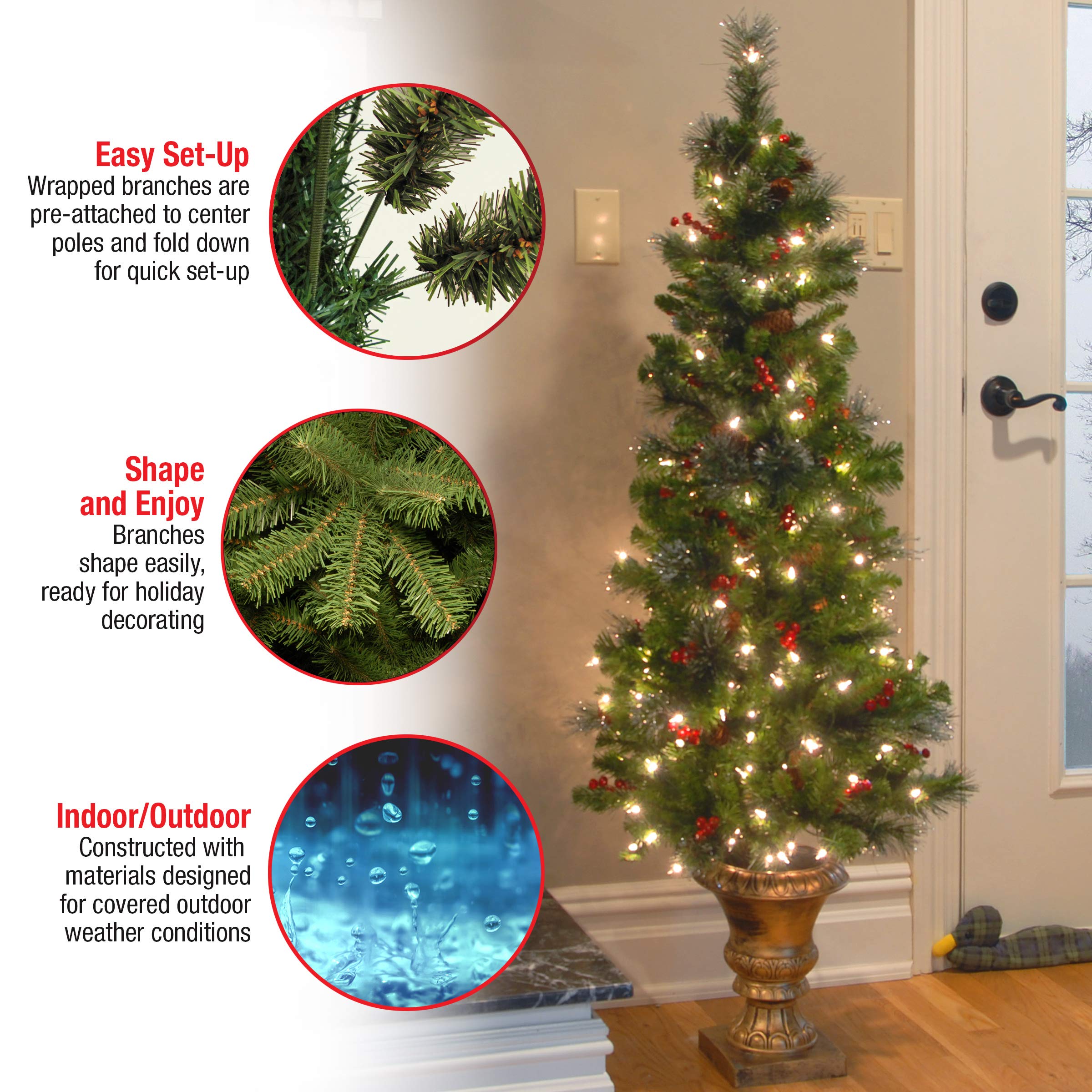National Tree Company tree in an entryway illustrating space-saving size and welcoming decor