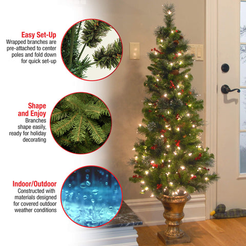 National Tree Company tree in an entryway illustrating space-saving size and welcoming decor