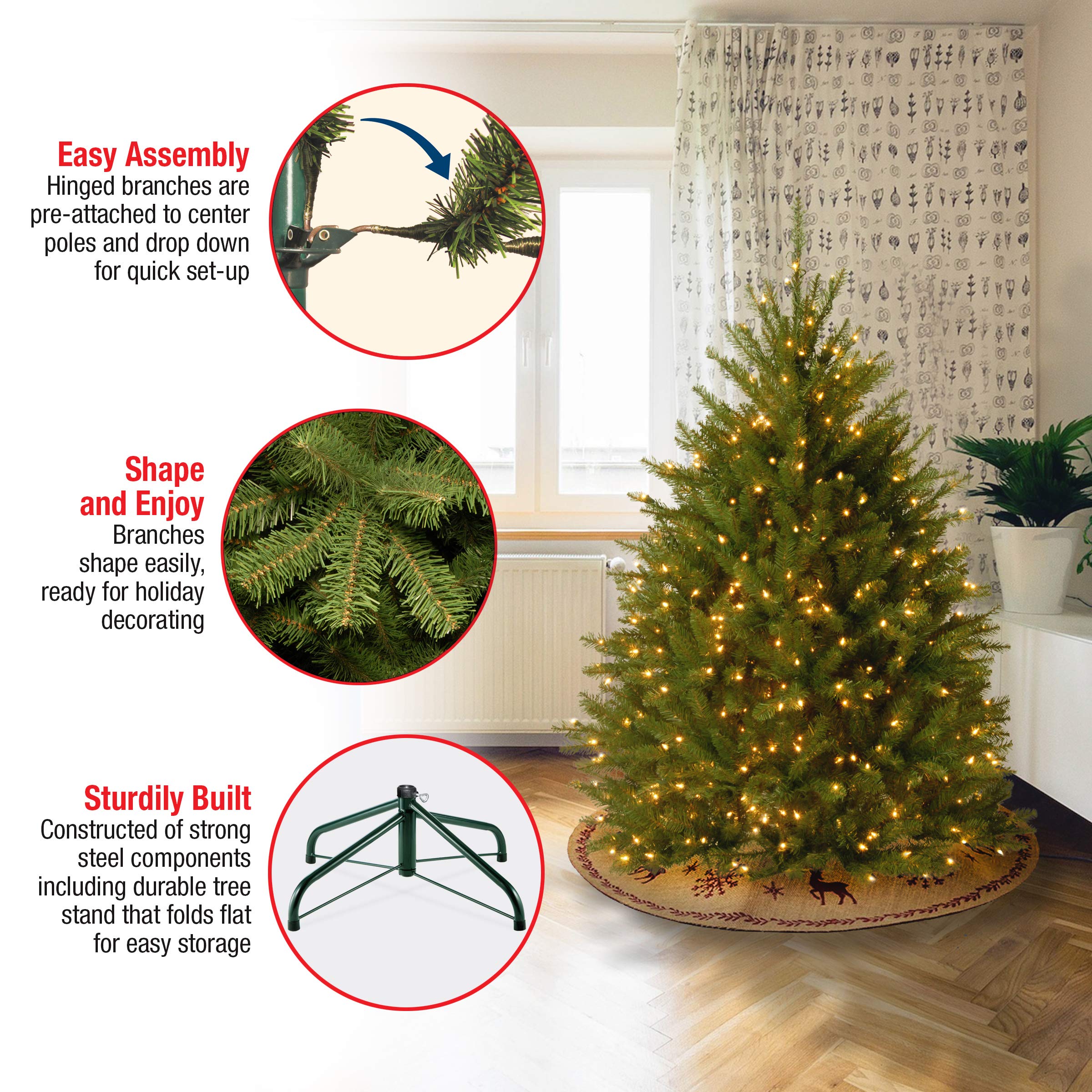 National Tree Company Dunhill Fir metal base and hinged branches showing stable setup benefit