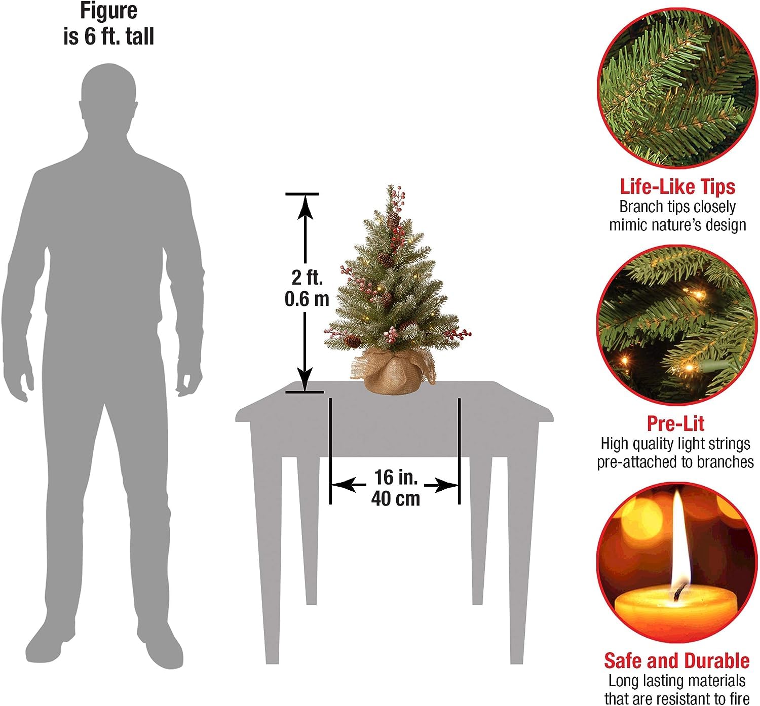 National Tree Company Dunhill Fir lit on a table providing warm holiday glow