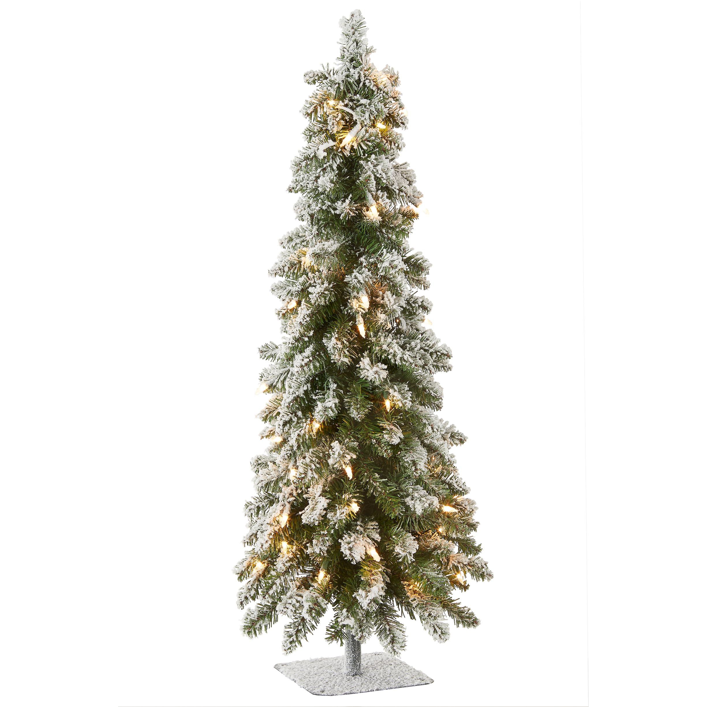 National Tree Company front view of 3ft flocked Forestree showing full snowy silhouette and bright lights
