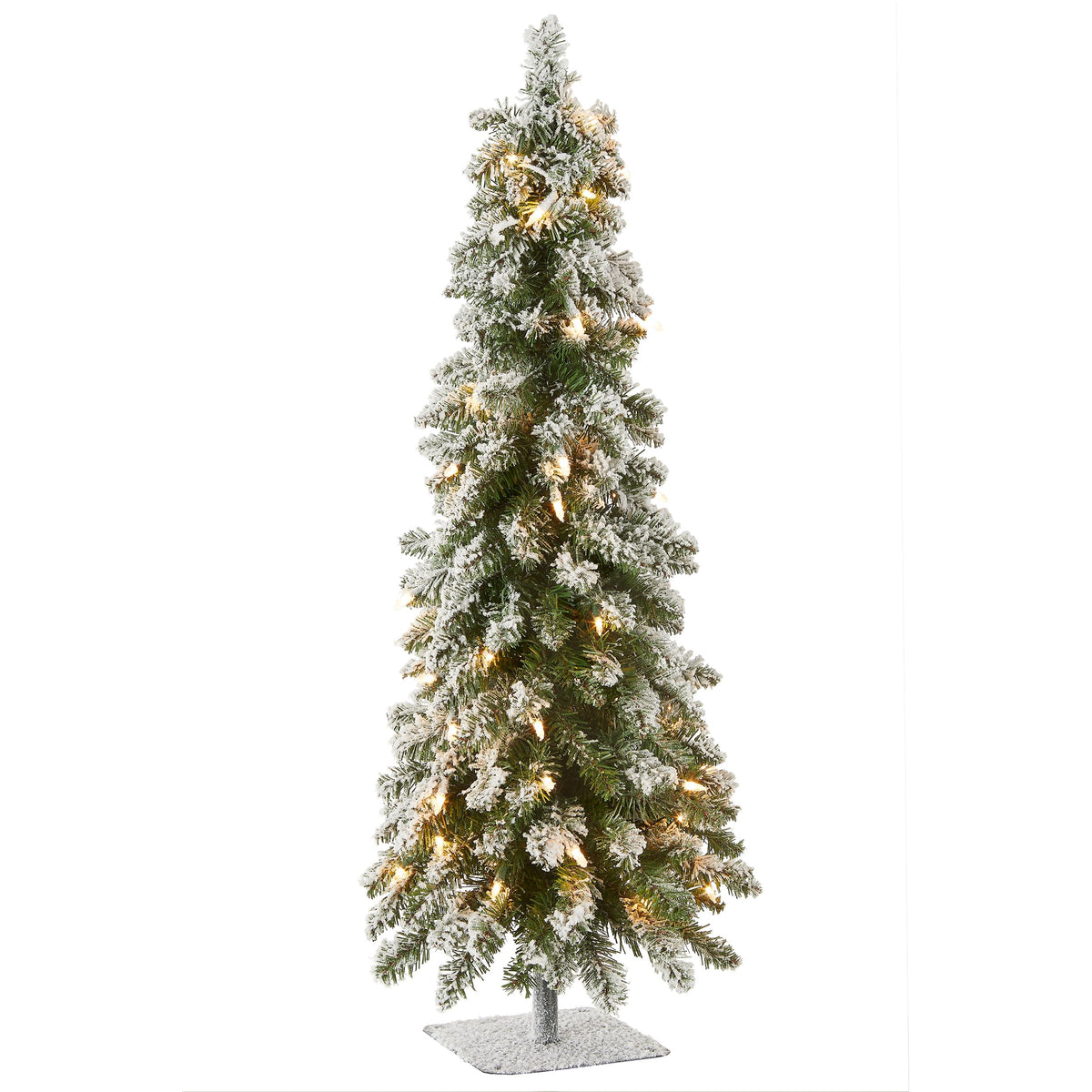 National Tree Company front view of 3ft flocked Forestree showing full snowy silhouette and bright lights