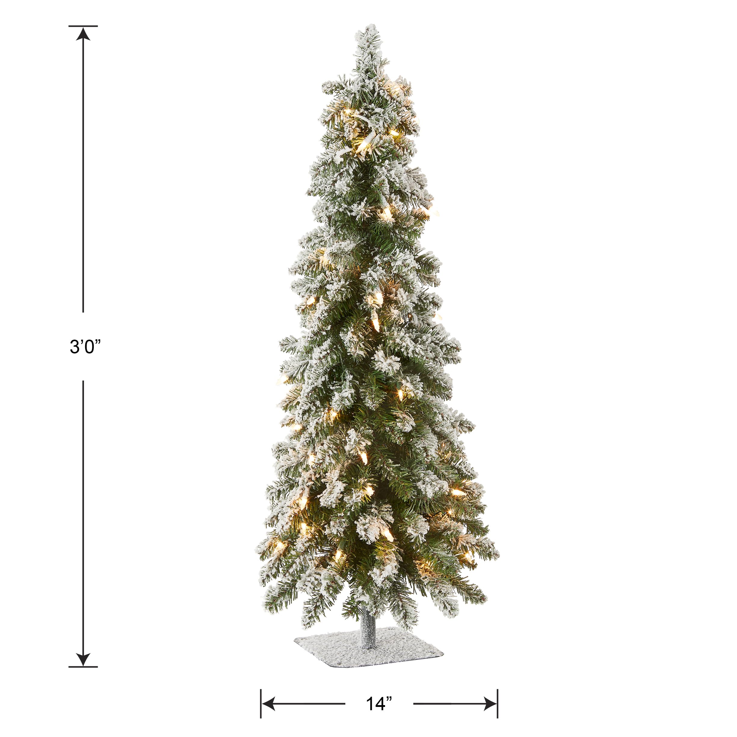 National Tree Company size scale photo on tabletop showing height, diameter, and placement suitability