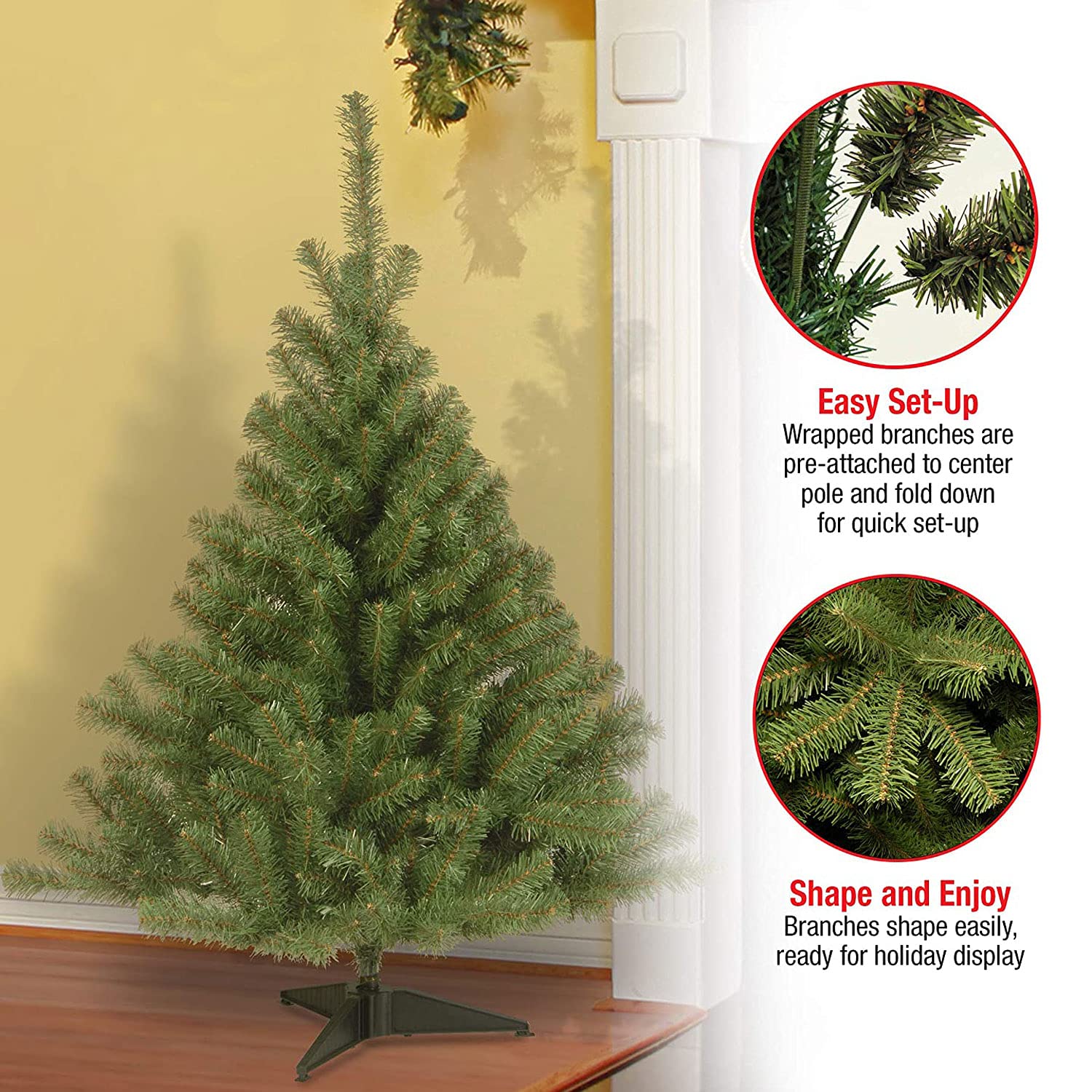 National Tree Company hinge detail showing hinged branches for quick setup and easy storage