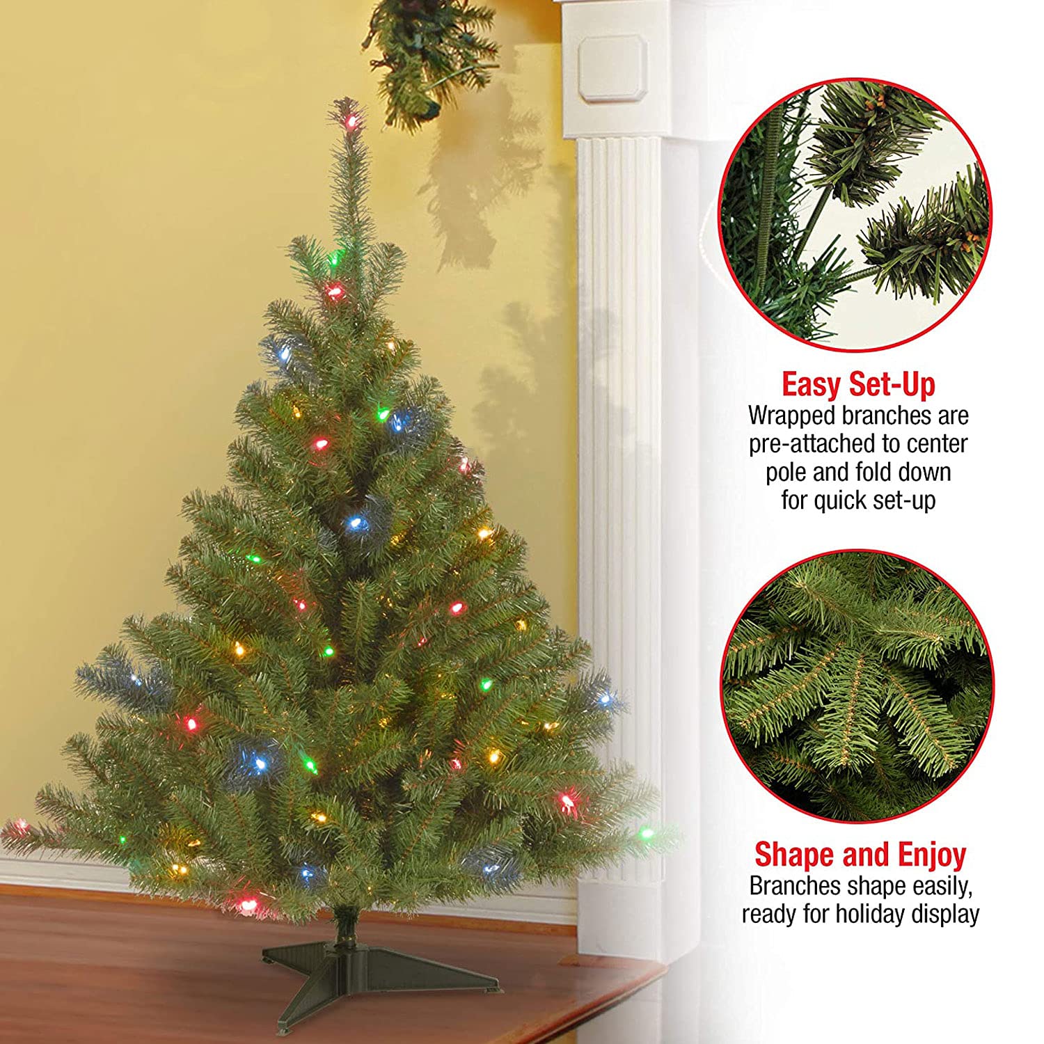National Tree Company Kincaid Spruce in room setting demonstrating compact fit and ambience