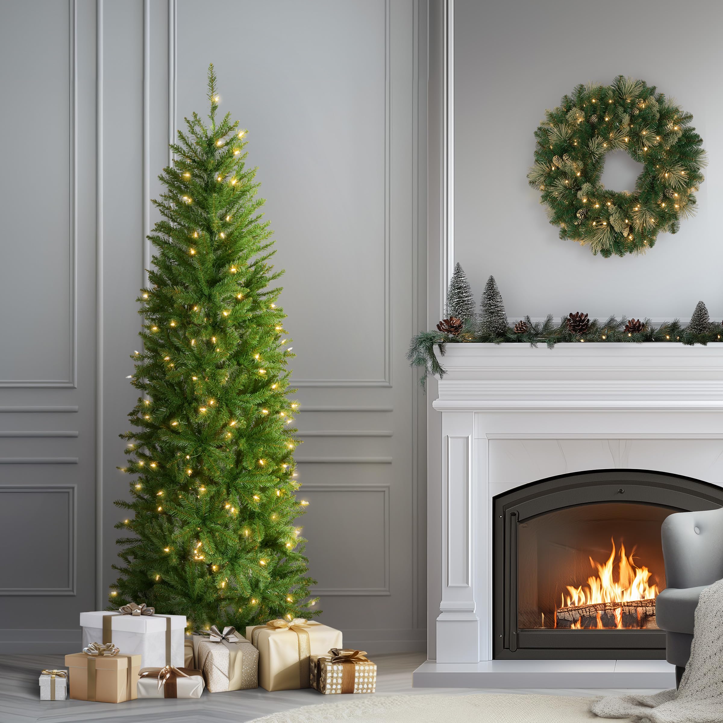 National Tree Company Kingswood Fir staged in living room demonstrating space-saving benefit