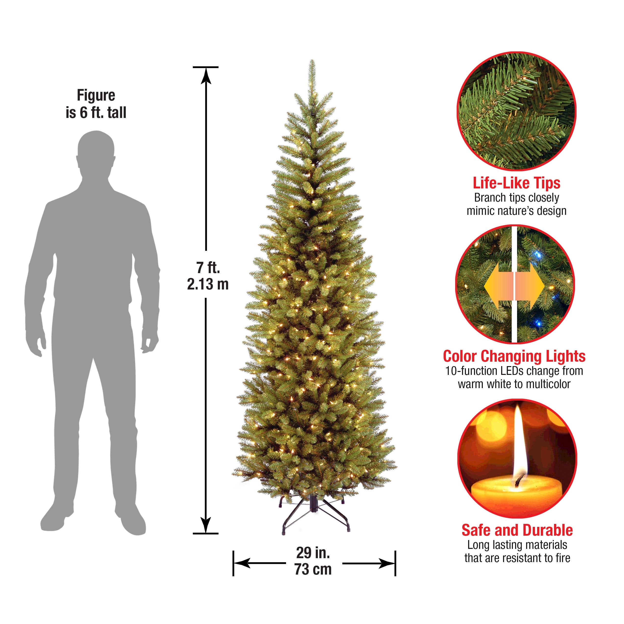 National Tree Company Kingswood Fir lit in living room showing dual-color LEDs benefit: versatile holiday lighting