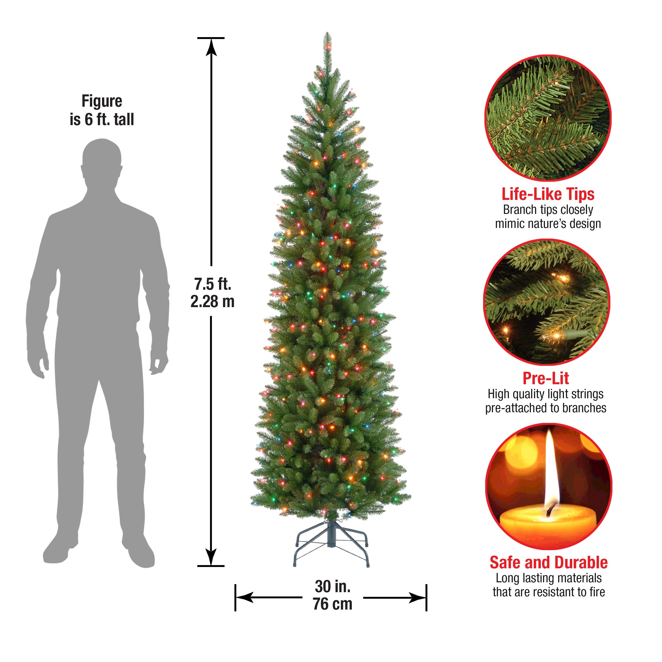 National Tree Company Kingswood Fir lit in a living room highlighting multicolor lights and atmosphere