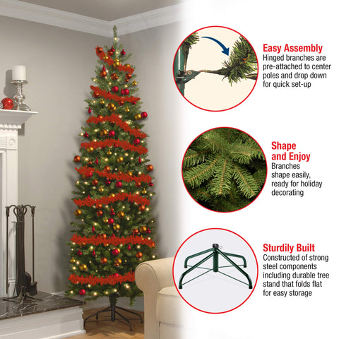 National Tree Company Kingswood Fir metal base and pole detail showing PowerConnect wiring benefit: tidy setup