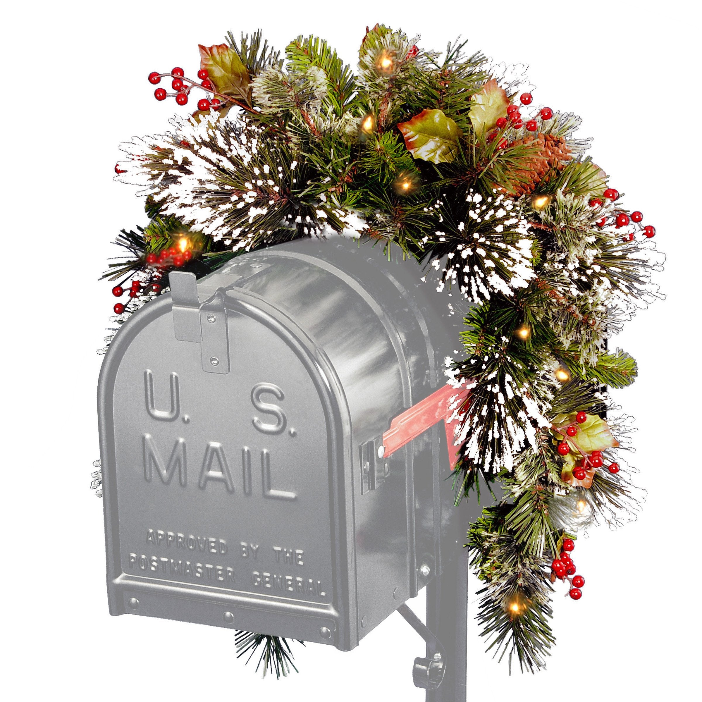 National Tree Company mailbox swag front view showing lit frosted pine and berries, enhances curb appeal