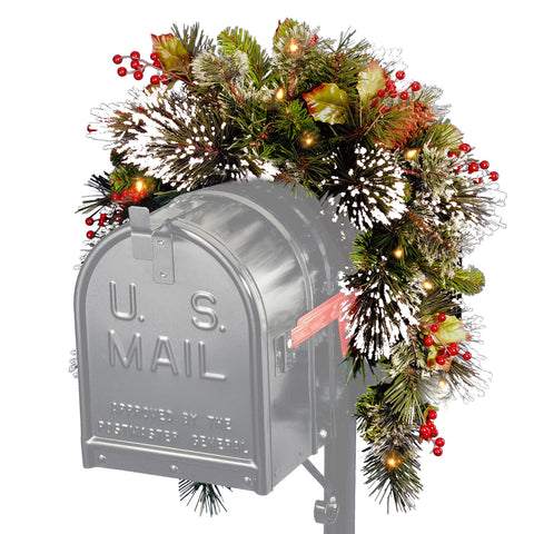 National Tree Company mailbox swag front view showing lit frosted pine and berries, enhances curb appeal