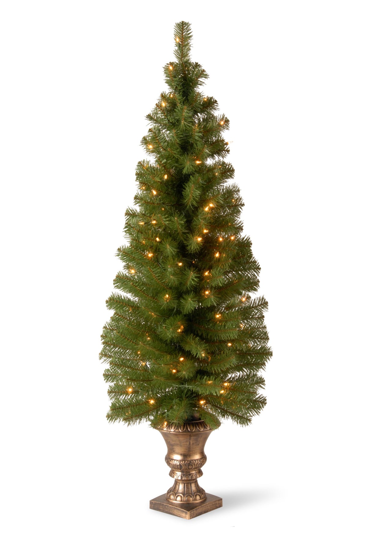 National Tree Company Montclair Spruce front view in gold urn showing compact festive entryway appeal