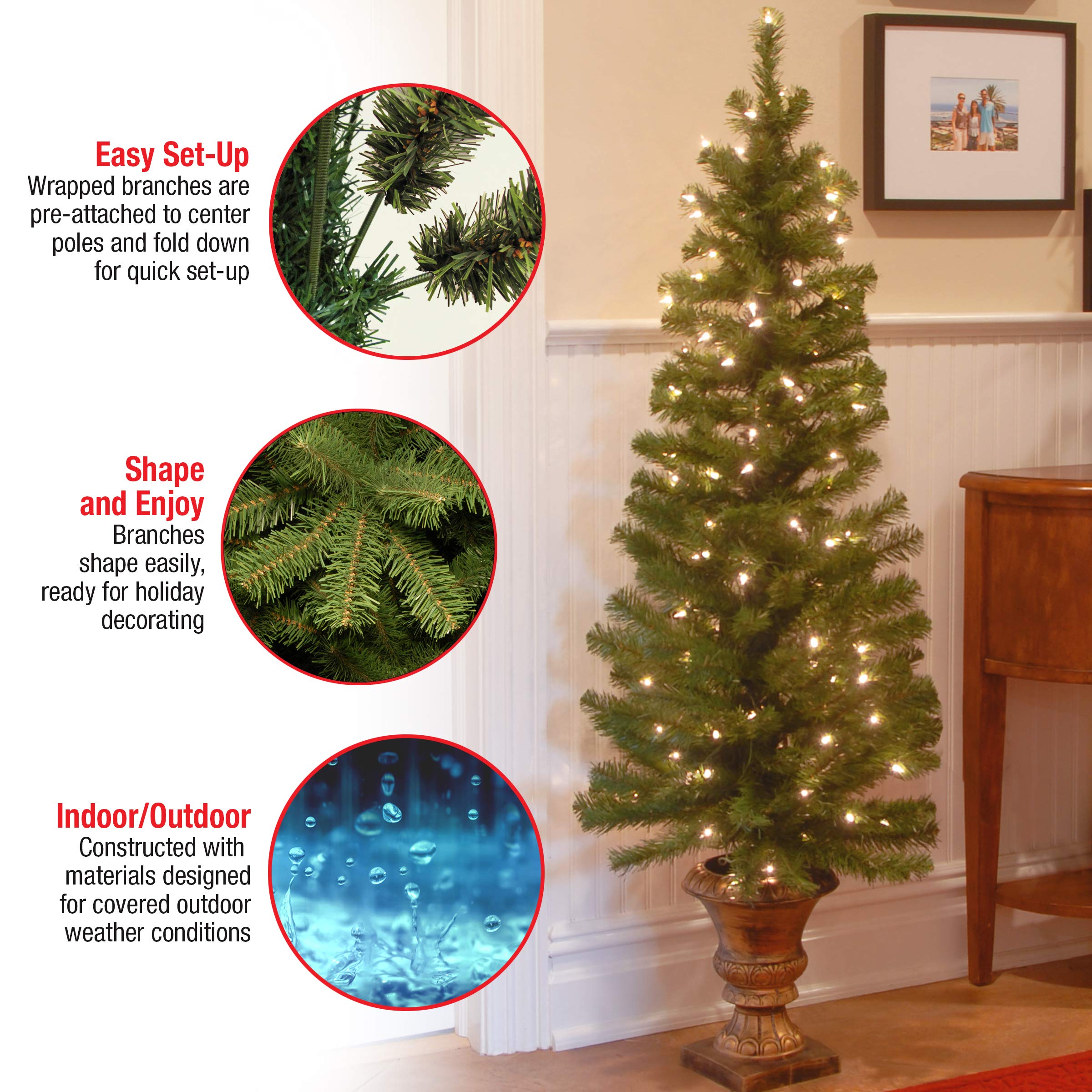 National Tree Company Montclair Spruce lit on a porch demonstrating welcoming white-light ambiance