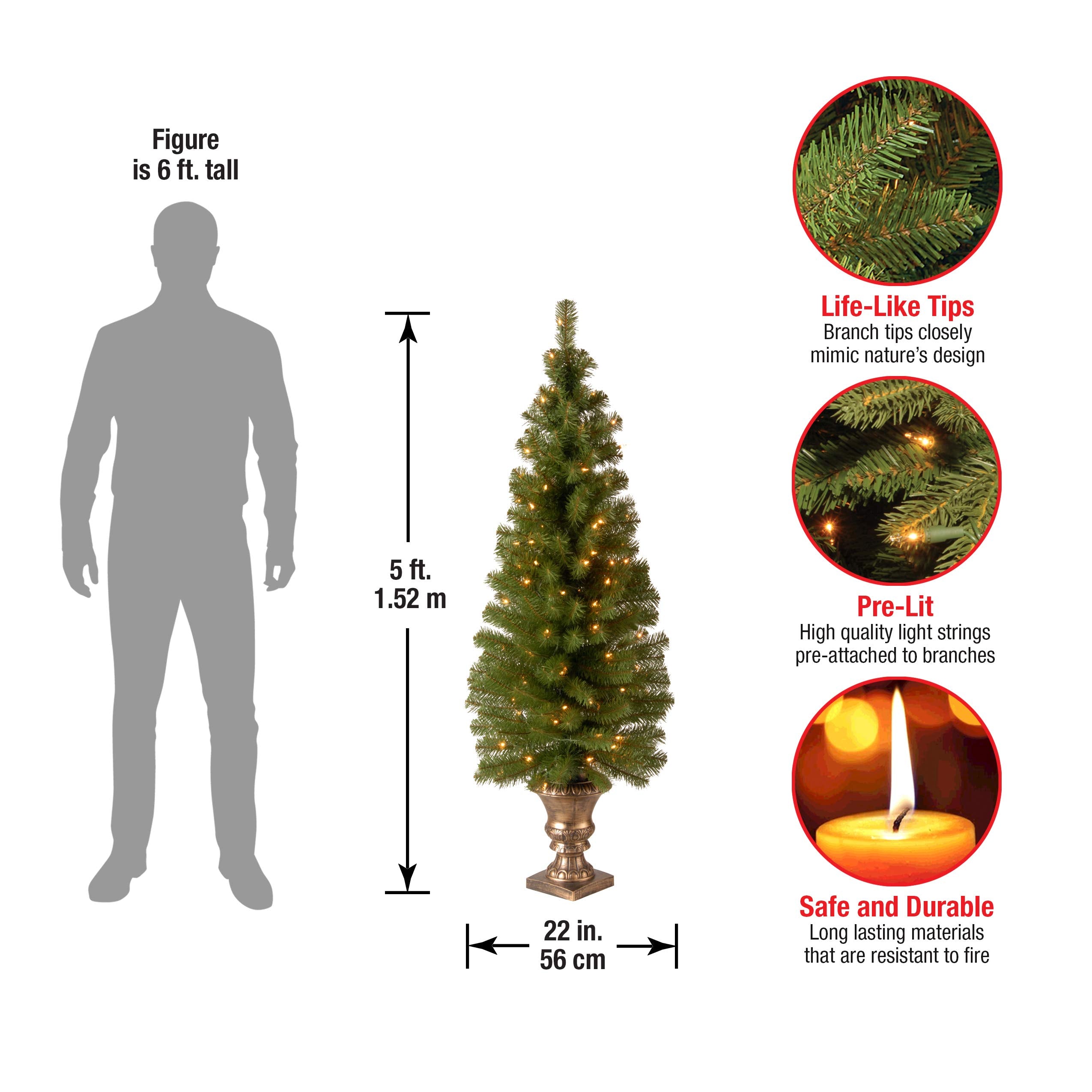 National Tree Company Montclair Spruce close-up of gold urn detailing that adds stability and glow