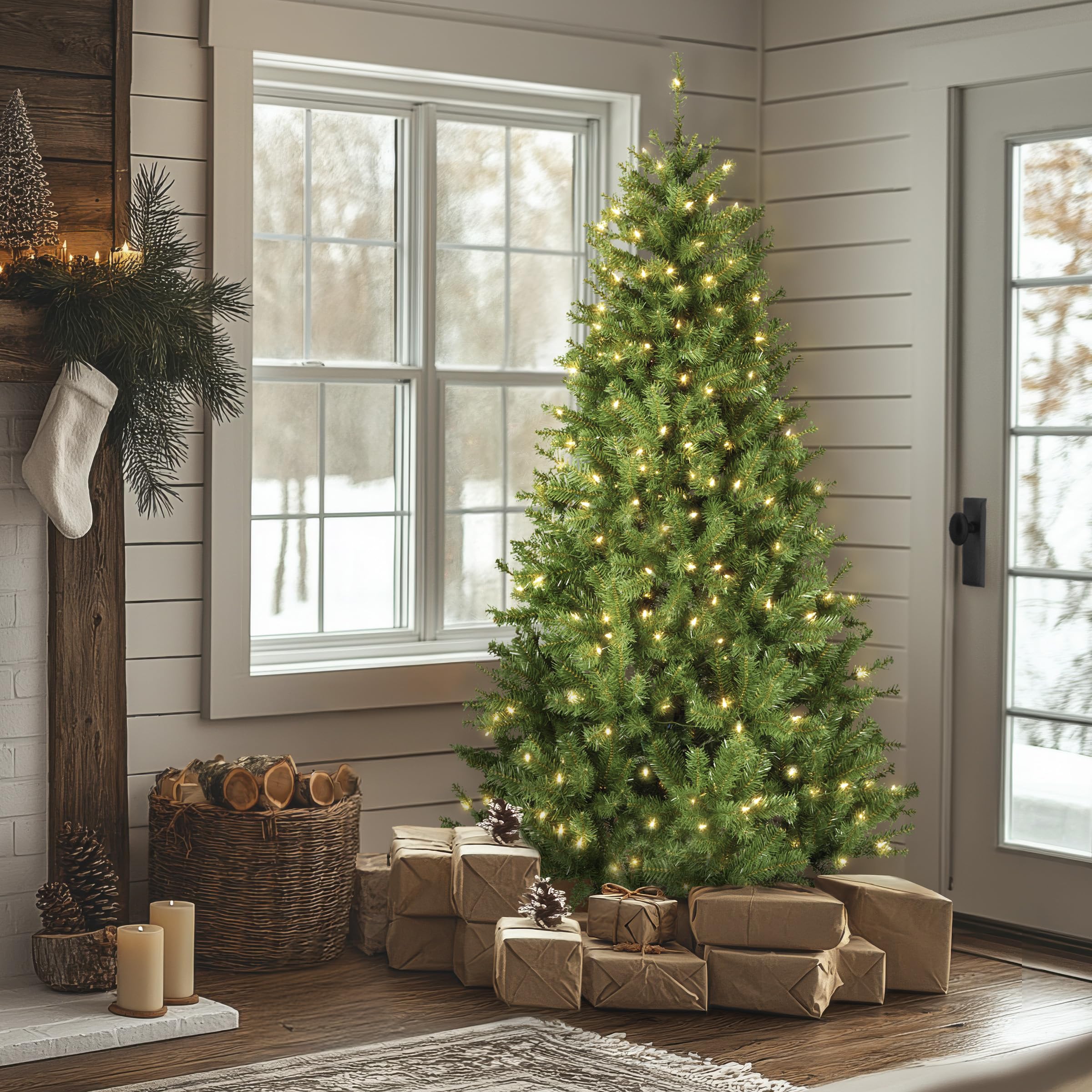 National Tree Company tree lit in evening room emitting warm, inviting holiday glow