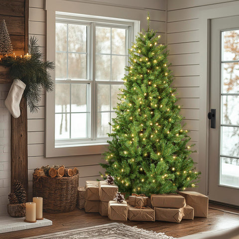 National Tree Company tree lit in evening room emitting warm, inviting holiday glow