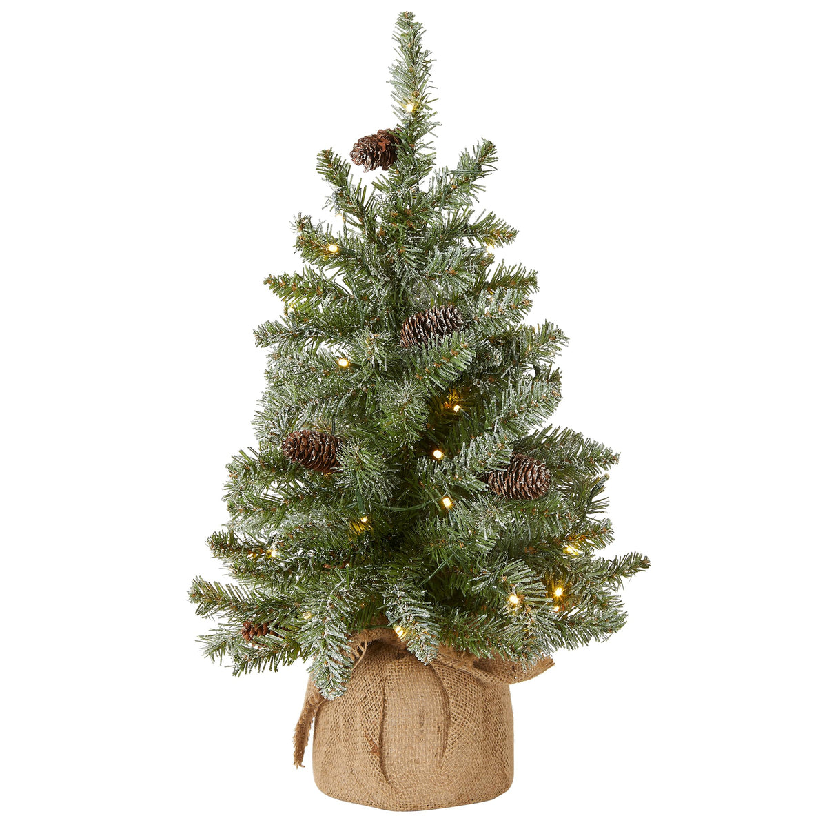 National Tree Company 2ft tree front view showing full snowy branches and pine cones, festive appeal