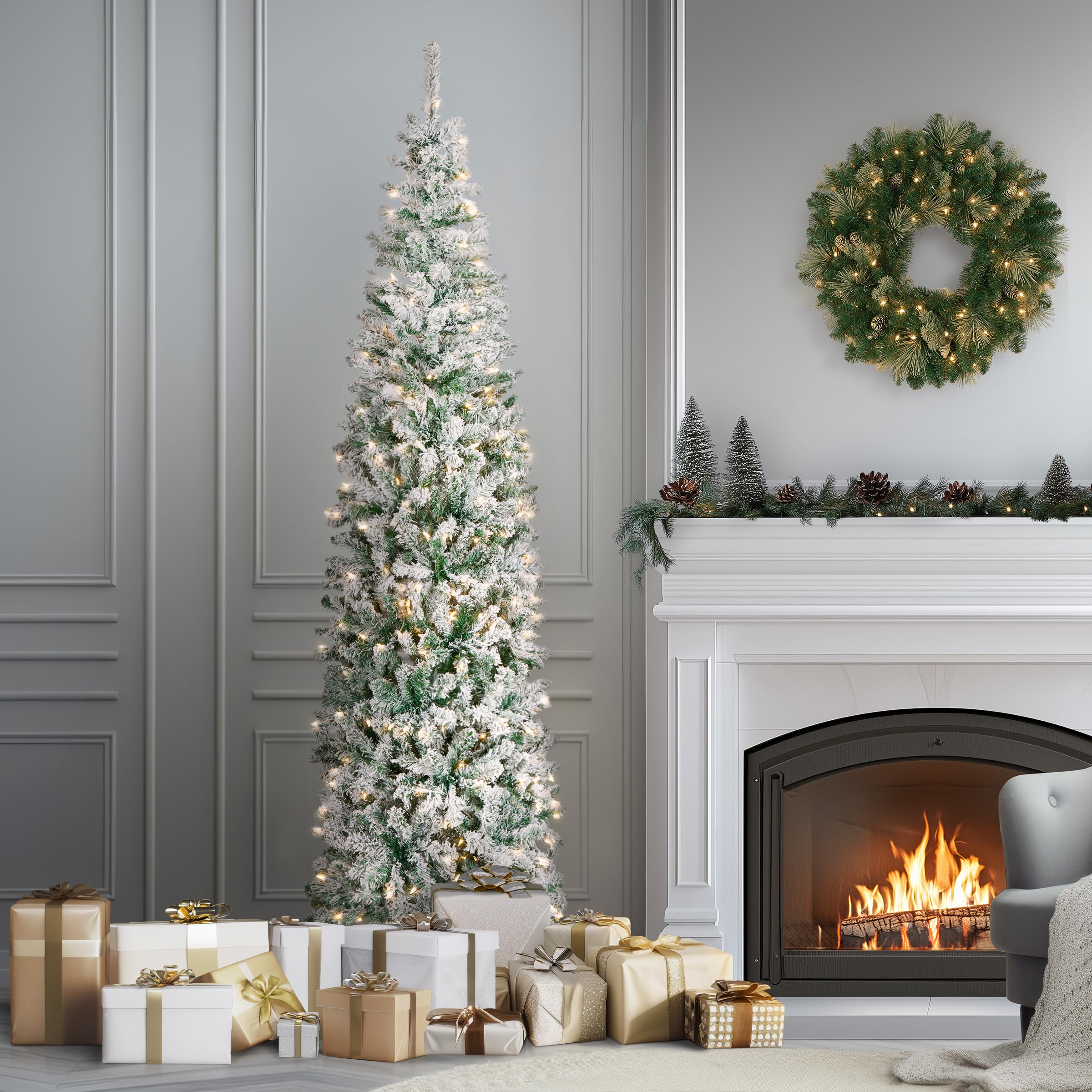 National Tree Company slim tree staged in a hallway demonstrating narrow 26-inch diameter fit