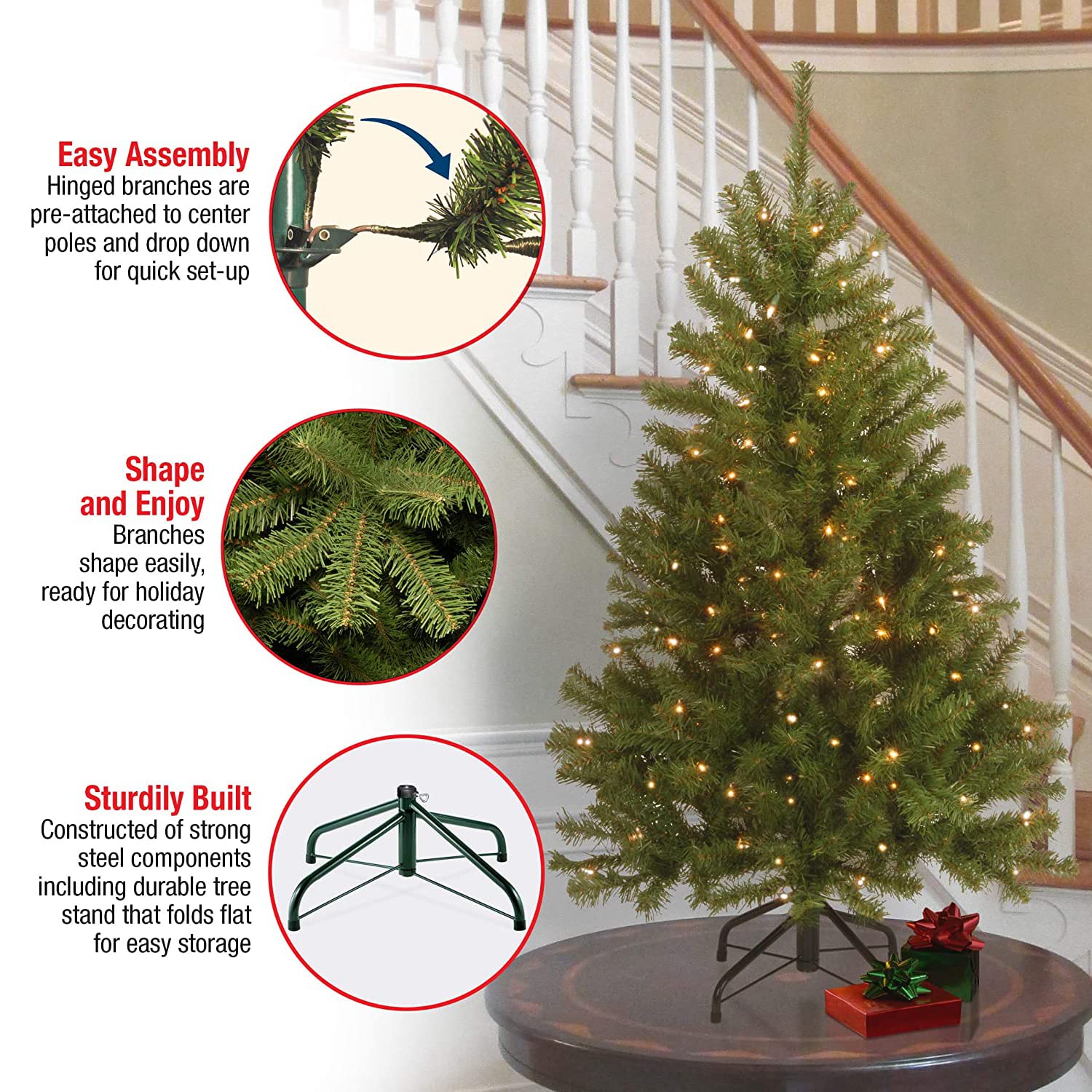 National Tree Company tree in living room staged to show size and festive ambiance