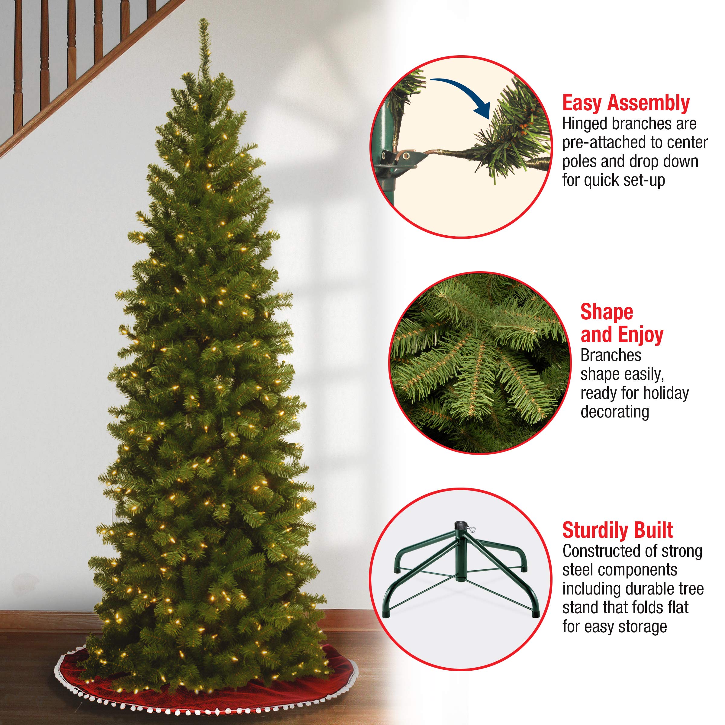 National Tree Company styled in living room showing 6ft tree fitting a narrow space and enhancing holiday décor