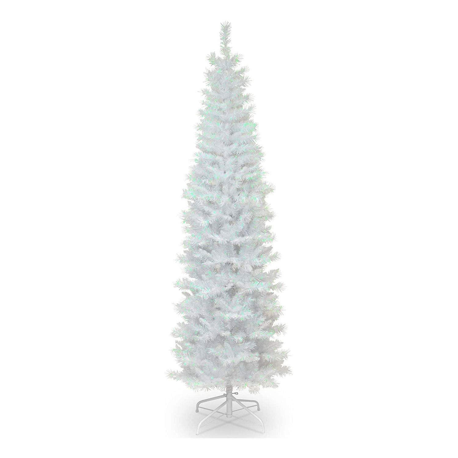 National Tree Company full 6ft white iridescent tinsel tree front view showing slim profile and sparkle