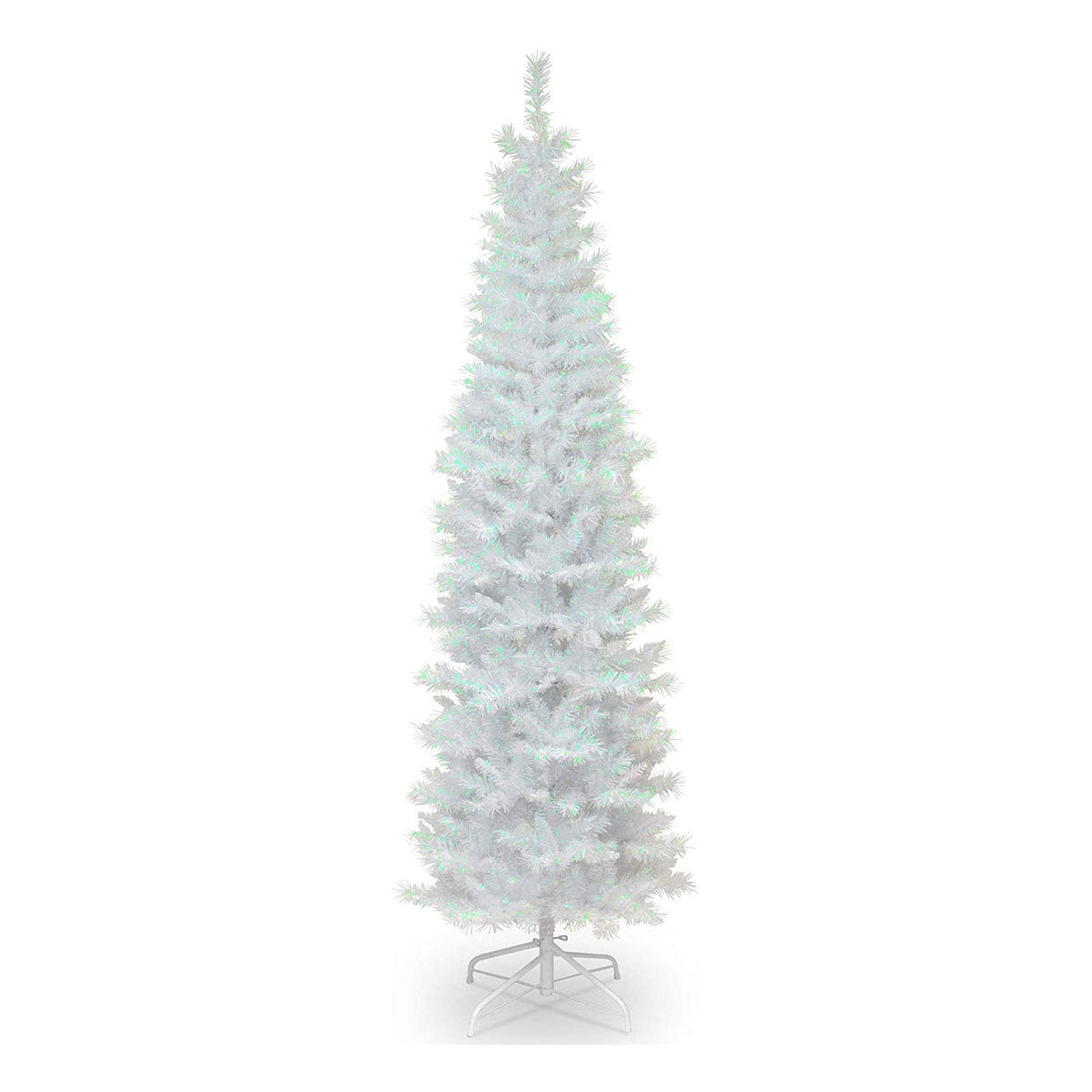 National Tree Company full 6ft white iridescent tinsel tree front view showing slim profile and sparkle