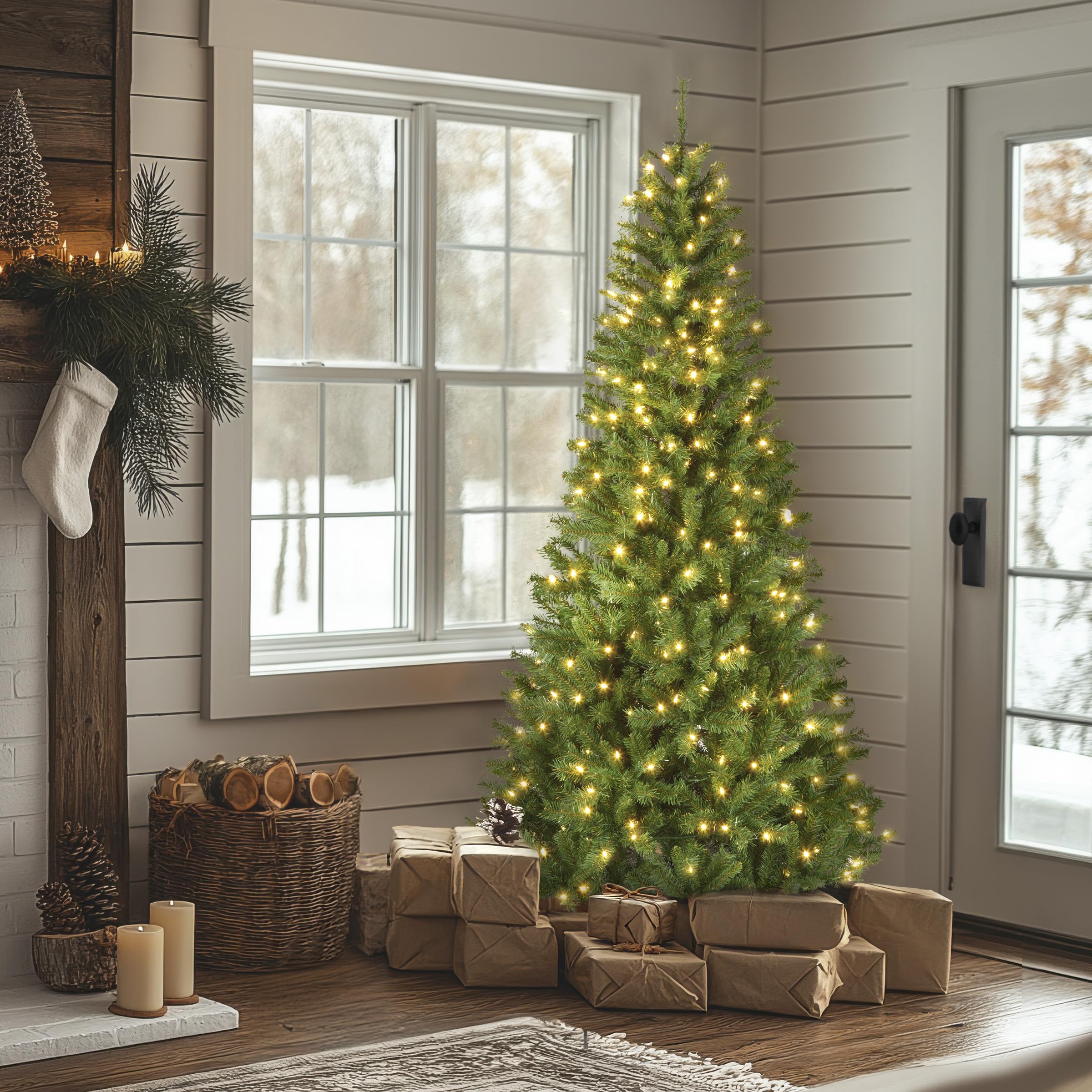 National Tree Company Winchester Pine lit at dusk with 350 warm white LEDs providing cozy holiday glow benefit