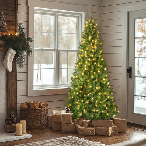 National Tree Company Winchester Pine lit at dusk with 350 warm white LEDs providing cozy holiday glow benefit