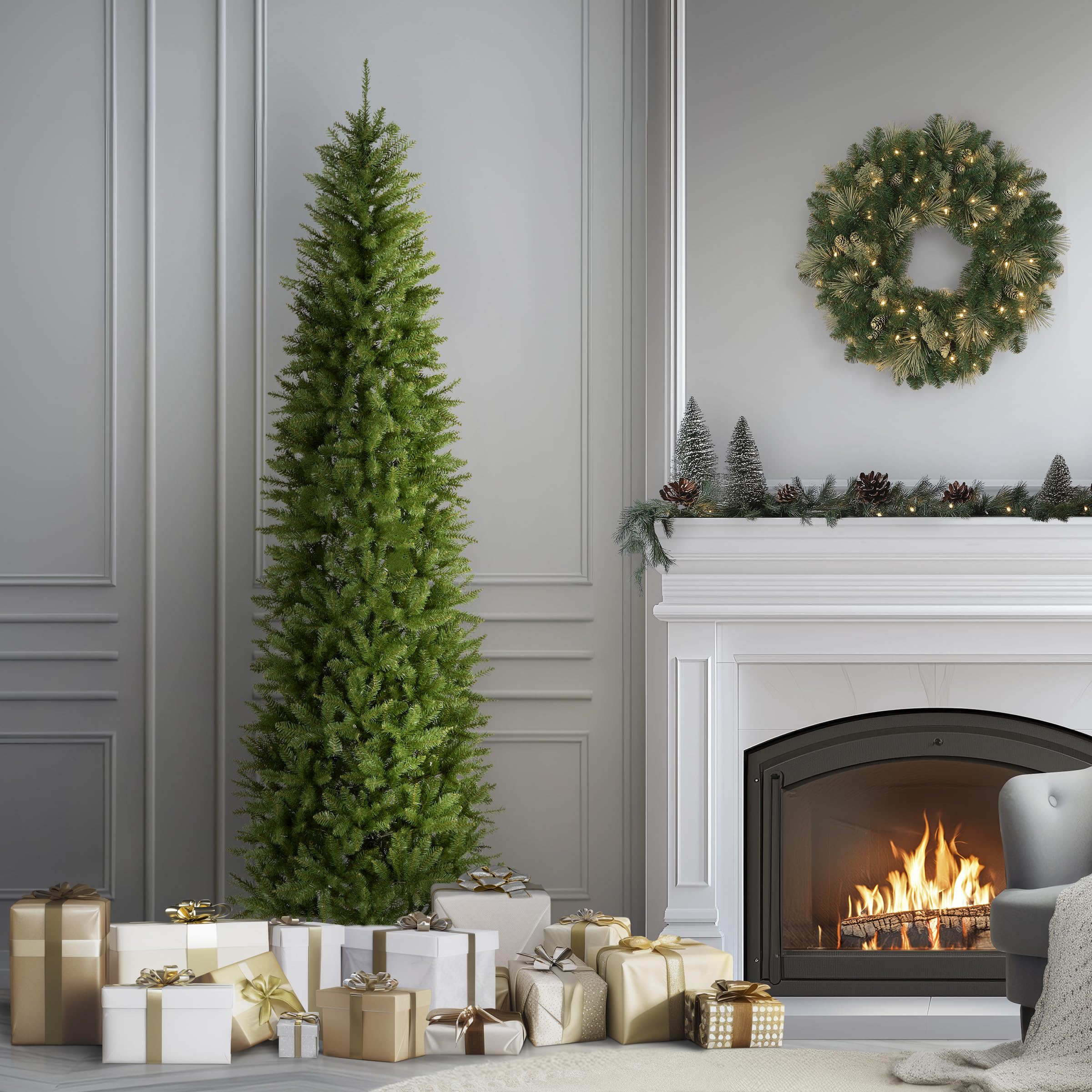 National Tree Company tree in living room demonstrating space-saving placement benefit