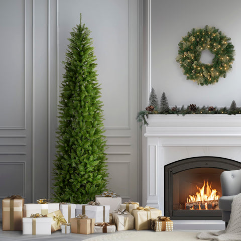 National Tree Company tree in living room demonstrating space-saving placement benefit