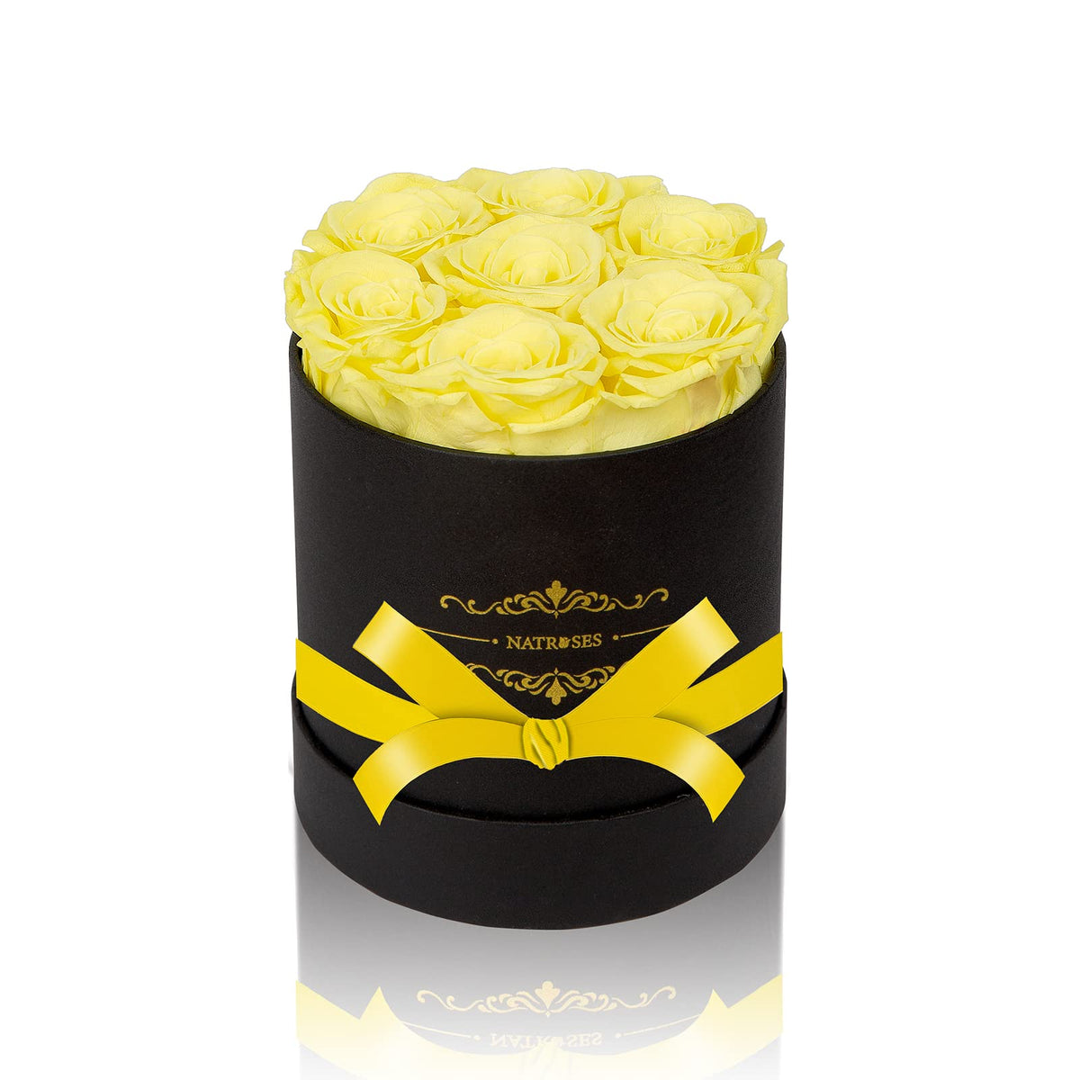 NATROSES boxed yellow roses front view showing gift-ready presentation and cheerful color