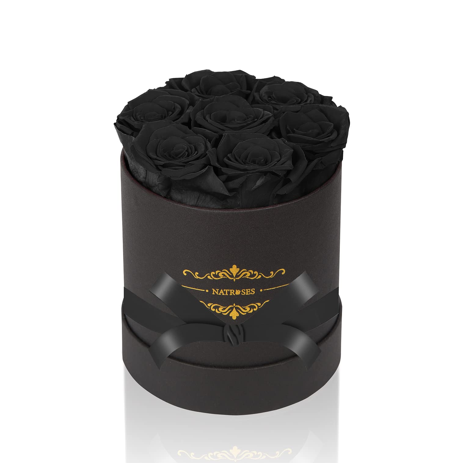 NATROSES front view of black box arrangement showing seven preserved roses and elegant presentation