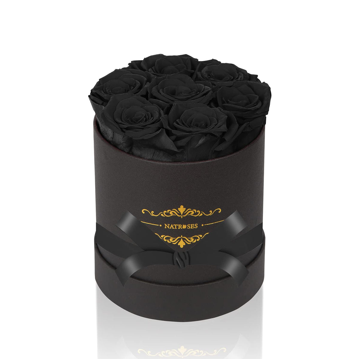 NATROSES front view of black box arrangement showing seven preserved roses and elegant presentation