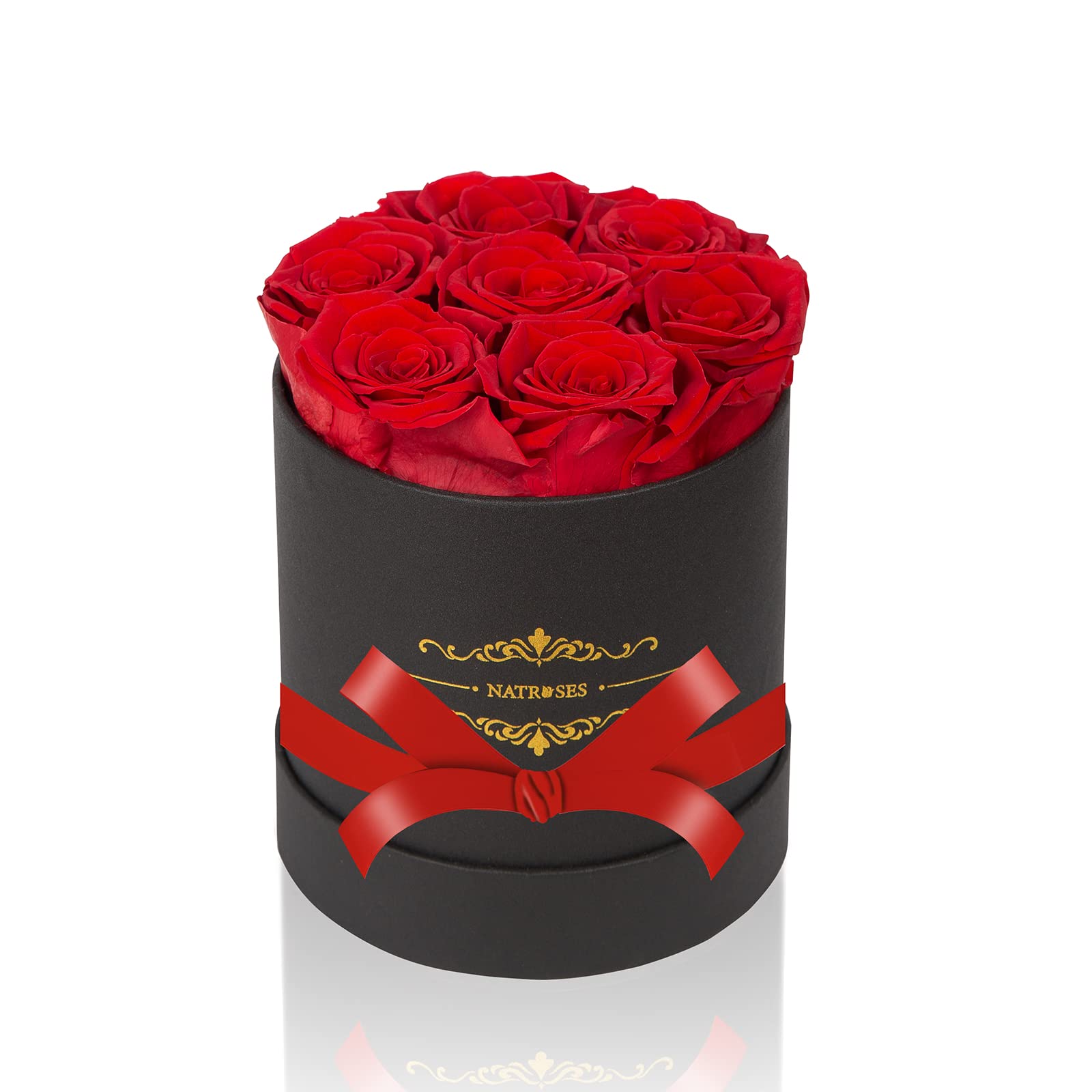 NATROSES front packaging box showcasing seven red preserved rosebuds ready to gift