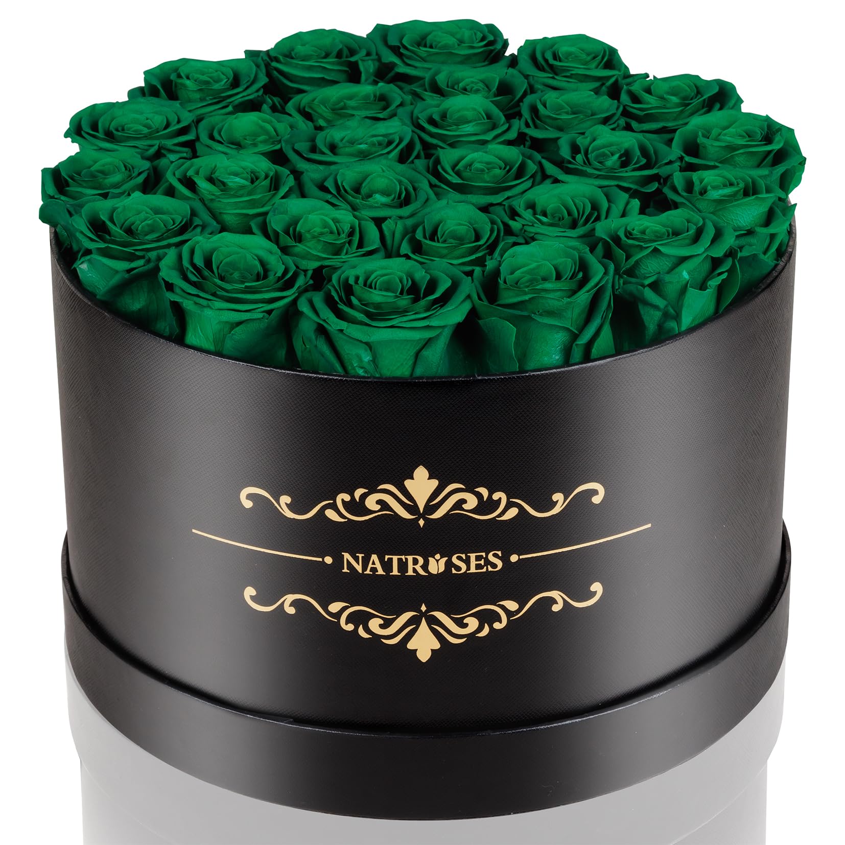 NATROSES front view black velvet box showing elegant presentation and long-lasting beauty